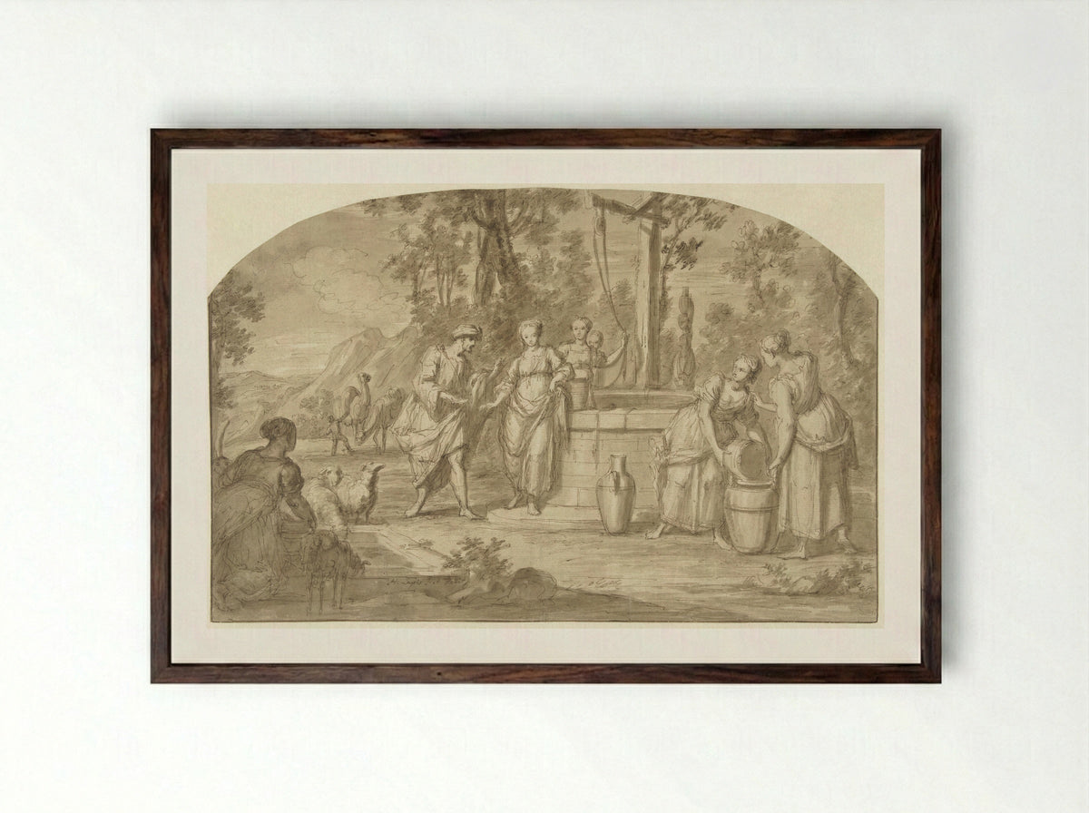 Eliëzer en Rebekka bij de bron - Hieronymus Lapis - Framed Print Dark Wood