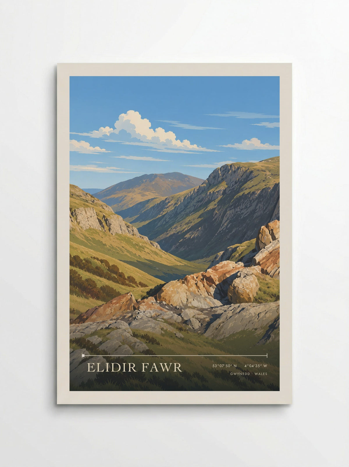 Elidir Fawr, Gwynedd travel poster: grey crags, green slopes and rust-orange boulders in clear late summer light