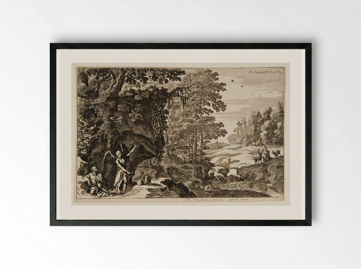 Elijah in the Desert - Herman van Swanevelt - Framed Print Black