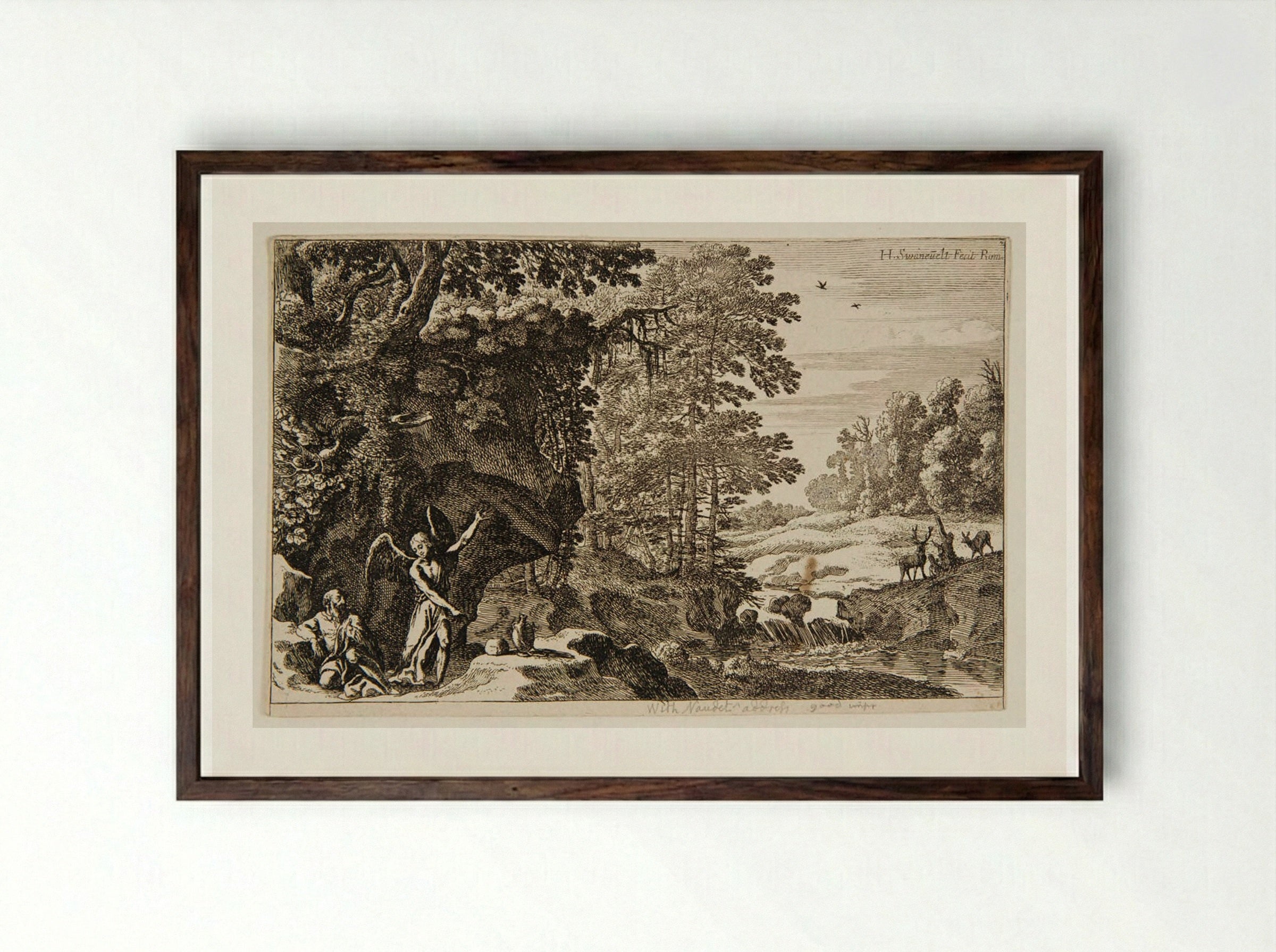 Elijah in the Desert - Herman van Swanevelt - Framed Print Dark Wood