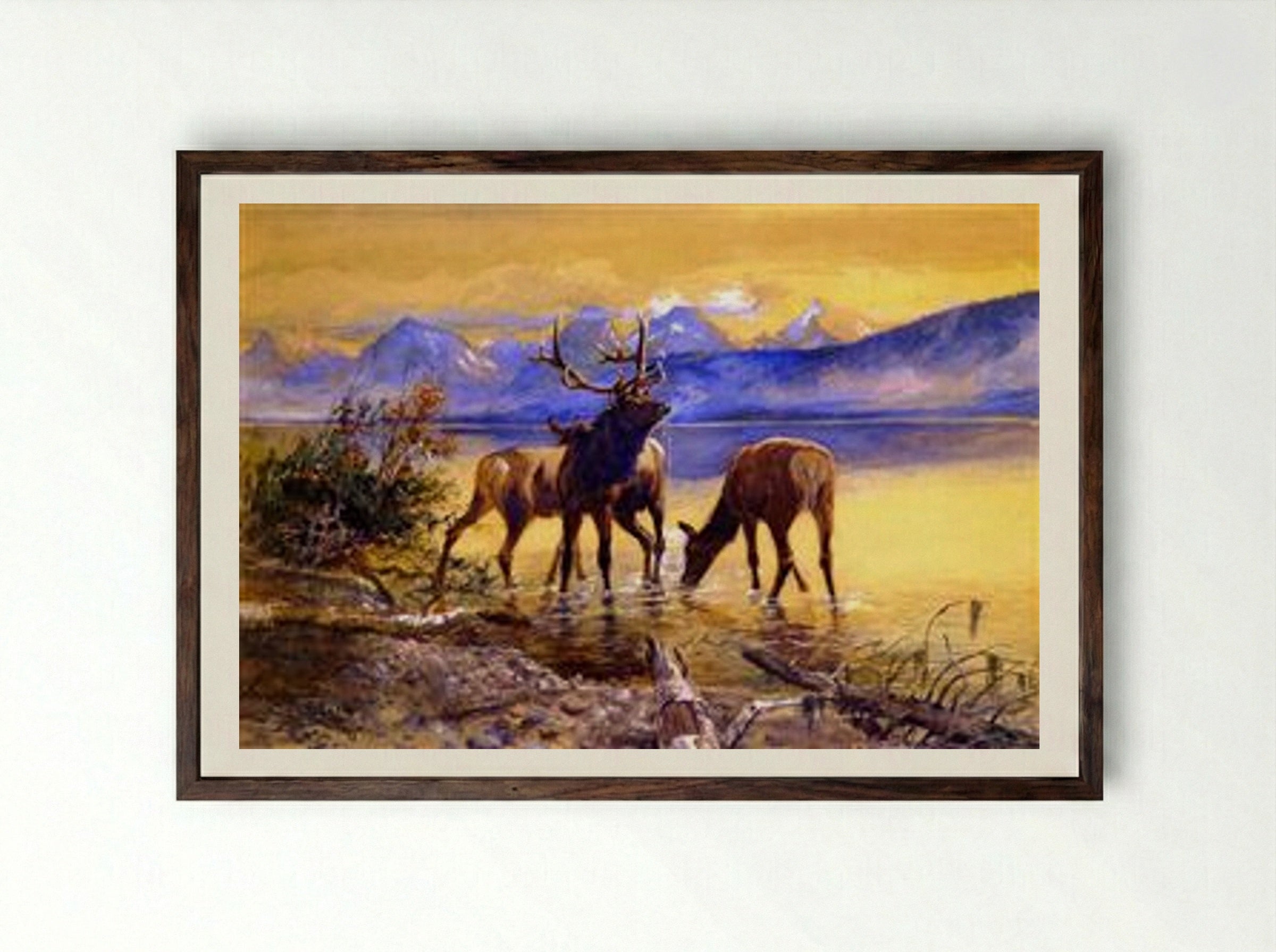 Elk in Lake McDonald - Charles M. Russell - Framed Print Dark Wood