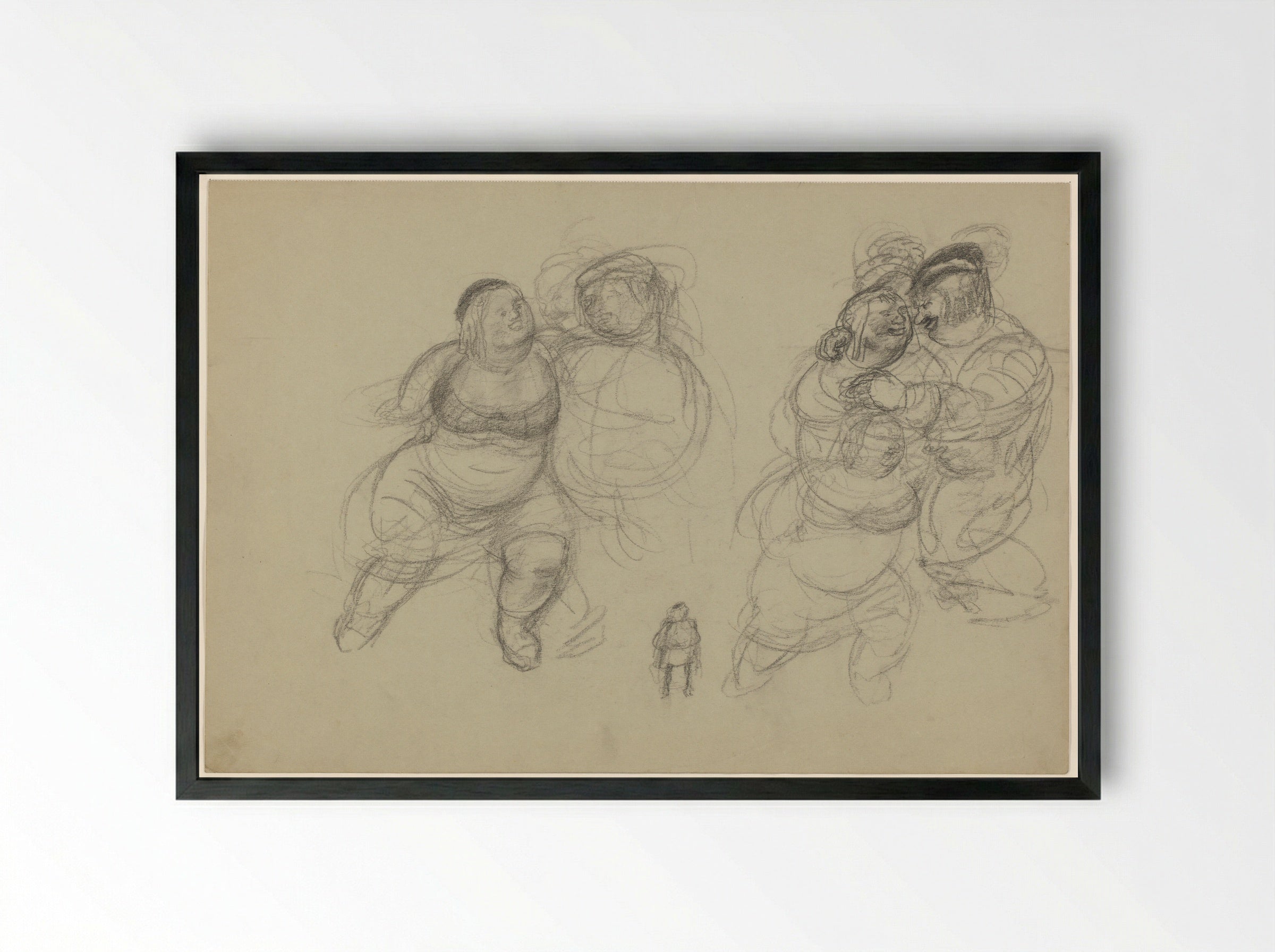 Elkaar omhelzende reuzen en een kleine figuur - Henk Henriët - Framed Print Black