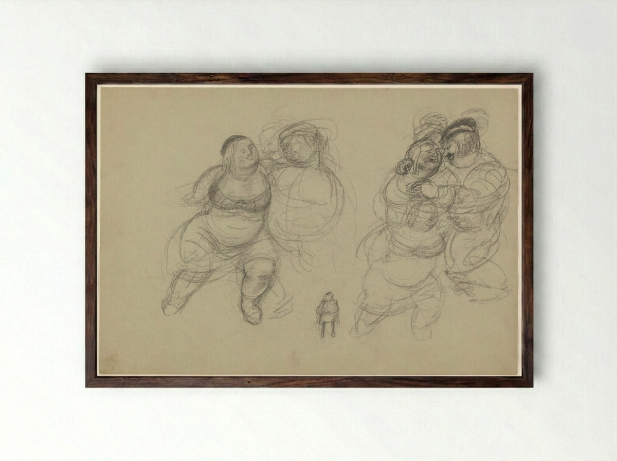 Elkaar omhelzende reuzen en een kleine figuur - Henk Henriët - Framed Print Dark Wood