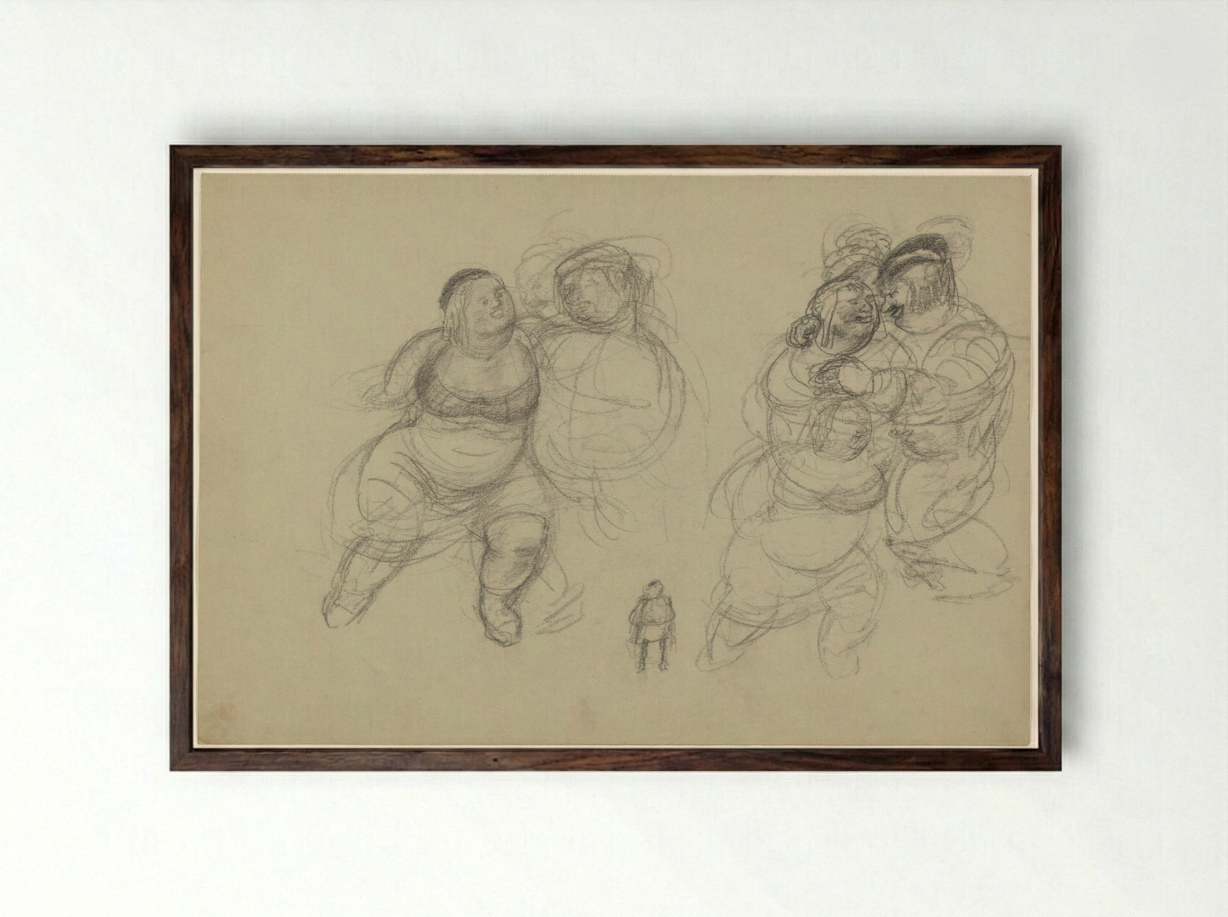 Elkaar omhelzende reuzen en een kleine figuur - Henk Henriët - Framed Print Dark Wood