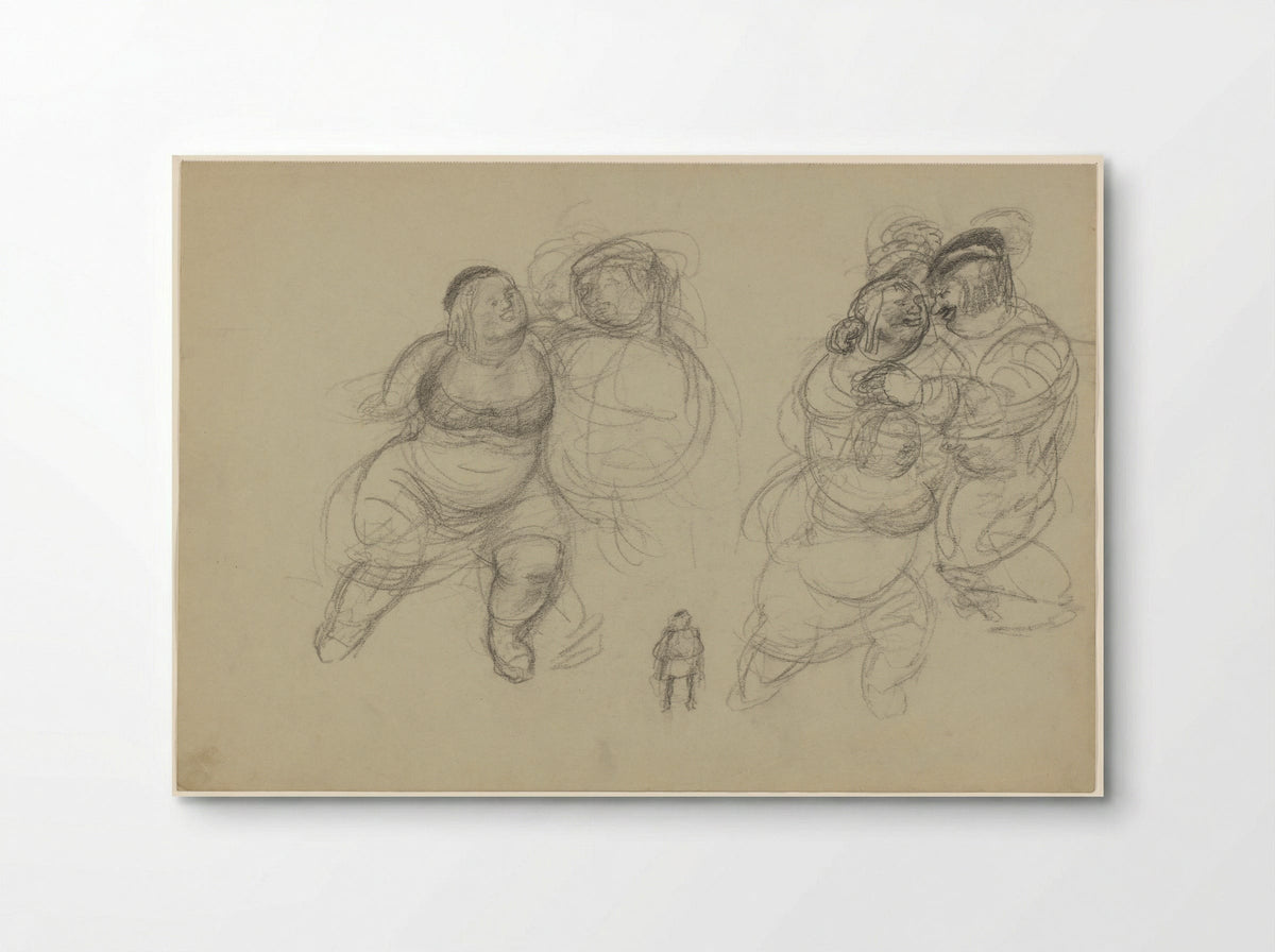 Elkaar omhelzende reuzen en een kleine figuur - Henk Henriët - Poster