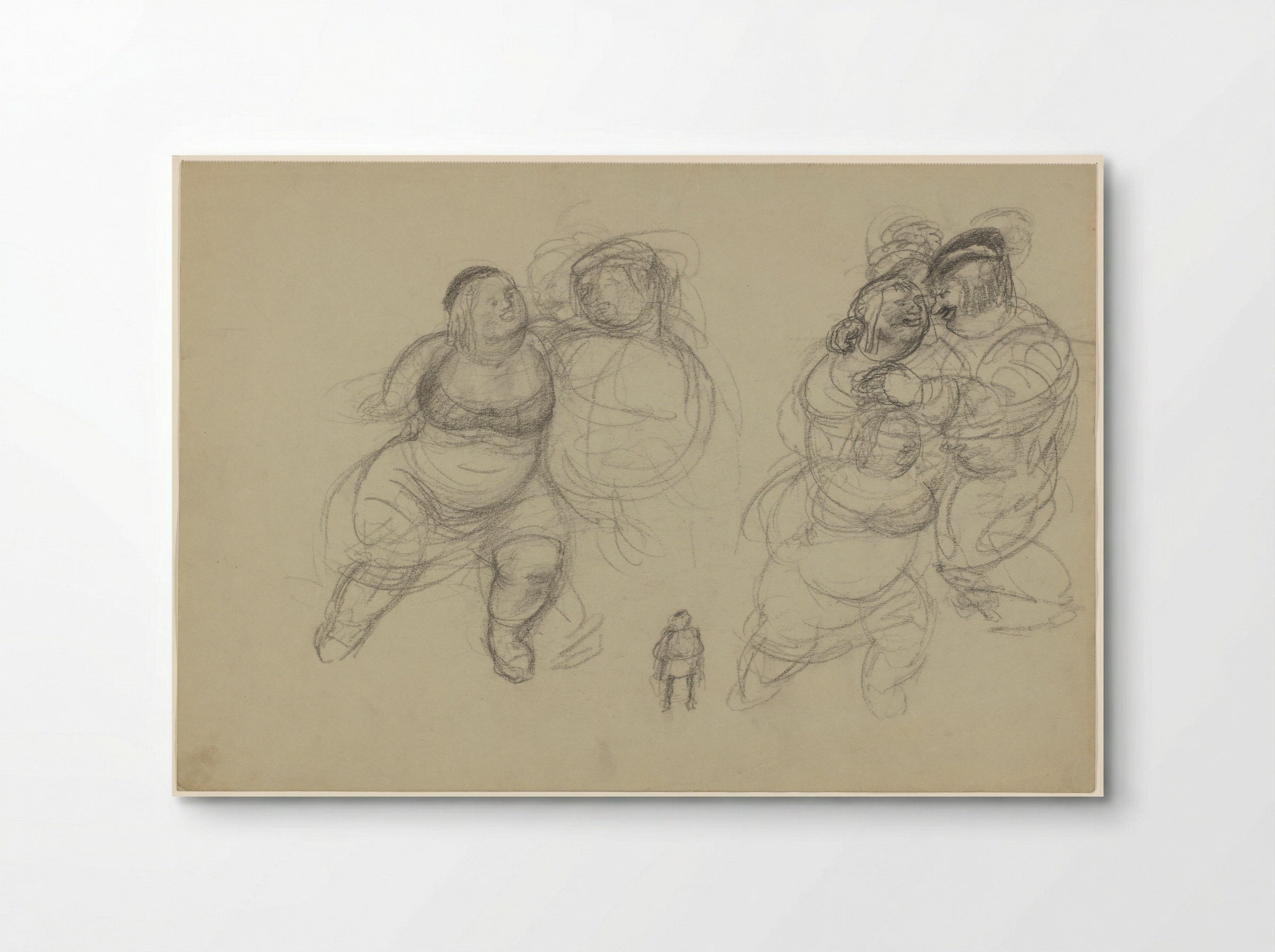 Elkaar omhelzende reuzen en een kleine figuur - Henk Henriët - Poster