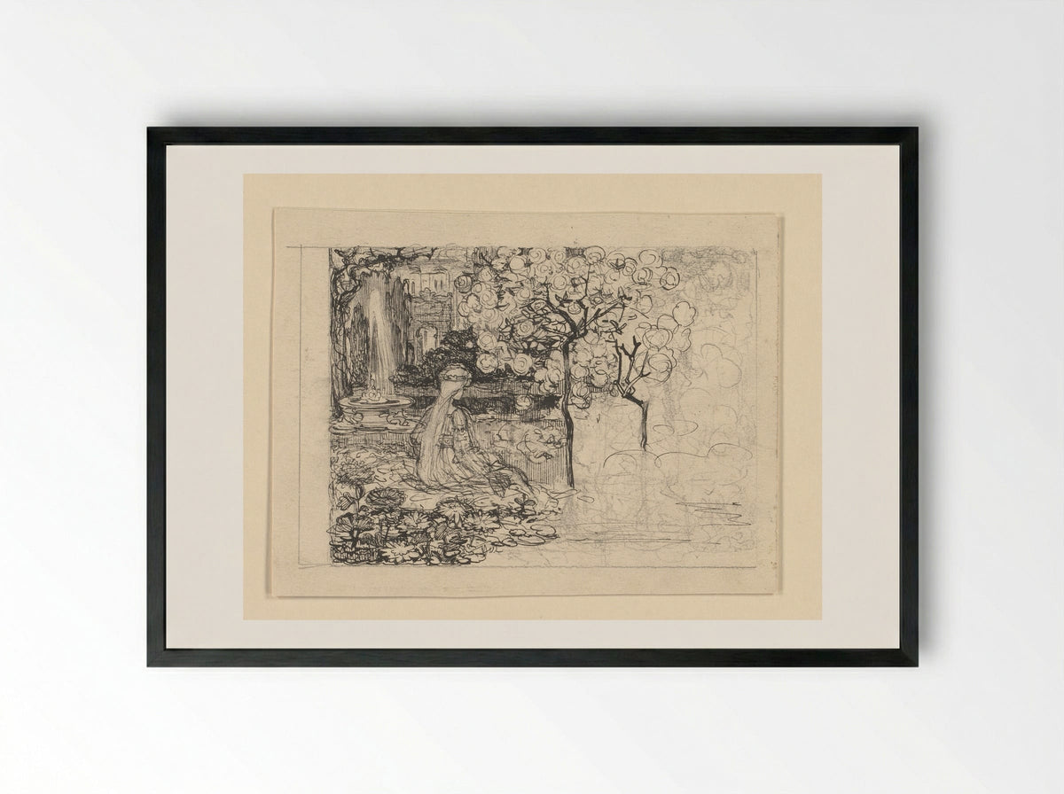 Ella omringd door planten, met op de achtergrond een fontein - Edzard Koning - Framed Print Black