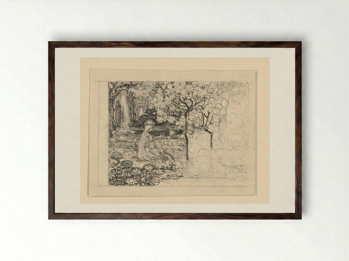 Ella omringd door planten, met op de achtergrond een fontein - Edzard Koning - Framed Print Dark Wood