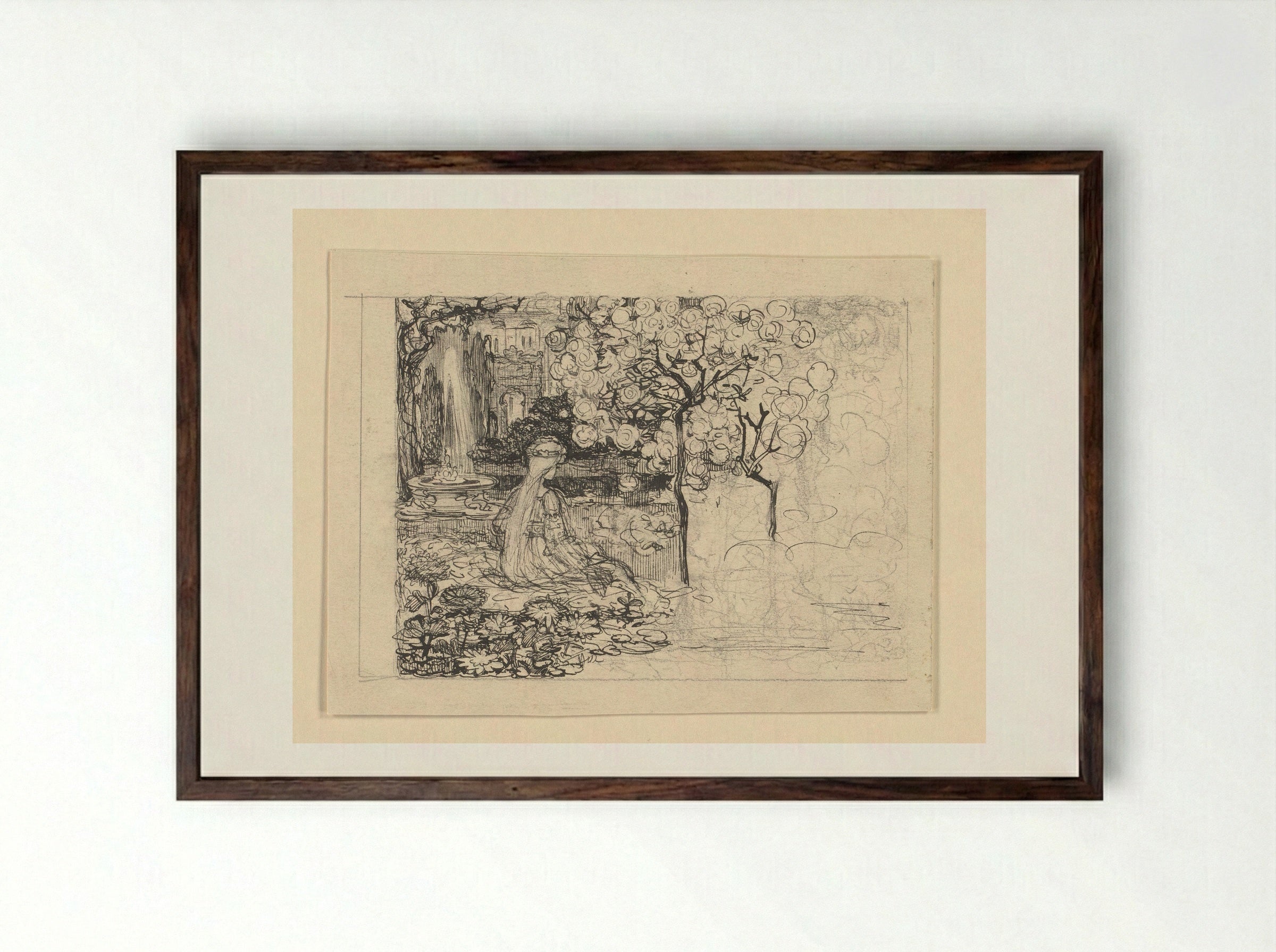 Ella omringd door planten, met op de achtergrond een fontein - Edzard Koning - Framed Print Dark Wood
