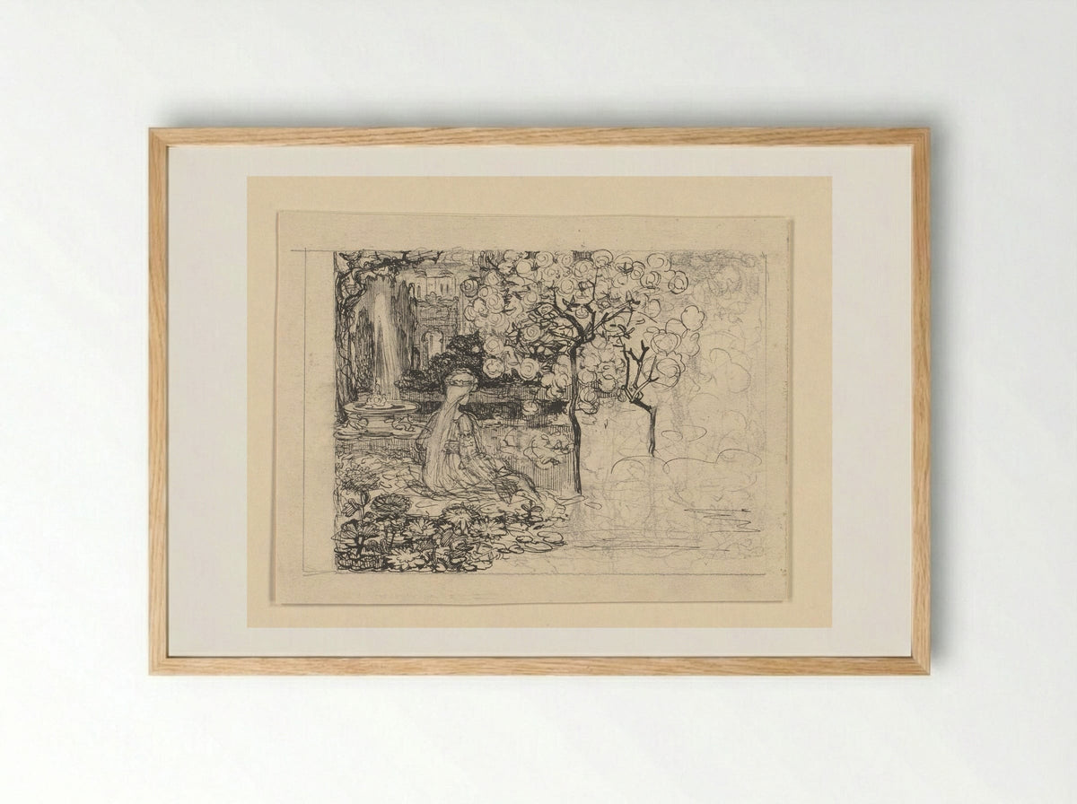 Ella omringd door planten, met op de achtergrond een fontein - Edzard Koning - Framed Print Wood