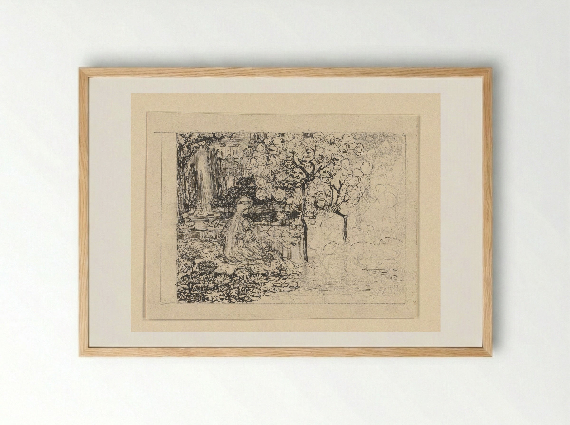 Ella omringd door planten, met op de achtergrond een fontein - Edzard Koning - Framed Print Wood