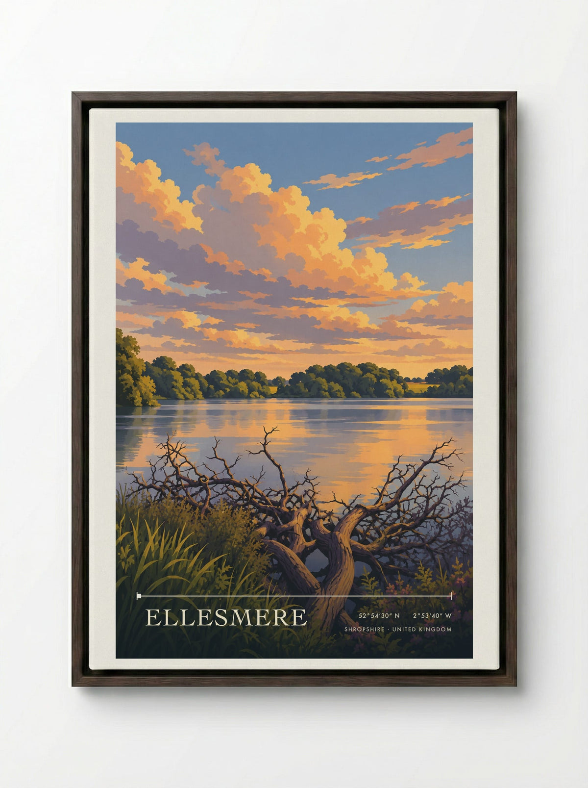 Ellesmere, Shropshire | Travel Poster - Framed Canvas Dark Wood
