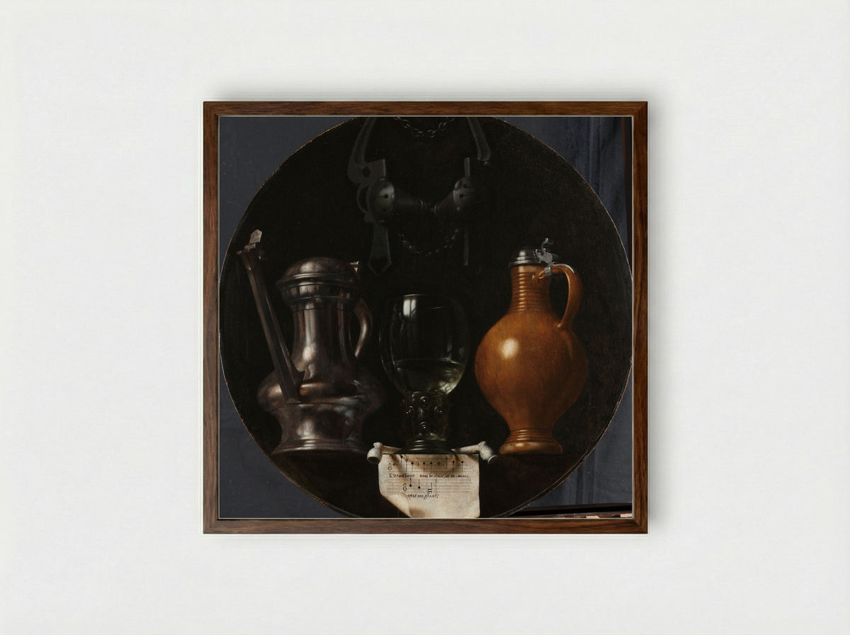Emblematic Still Life with Flagon, Glass, Jug and Bridle - Johannes Torrentius - Framed Print Dark Wood