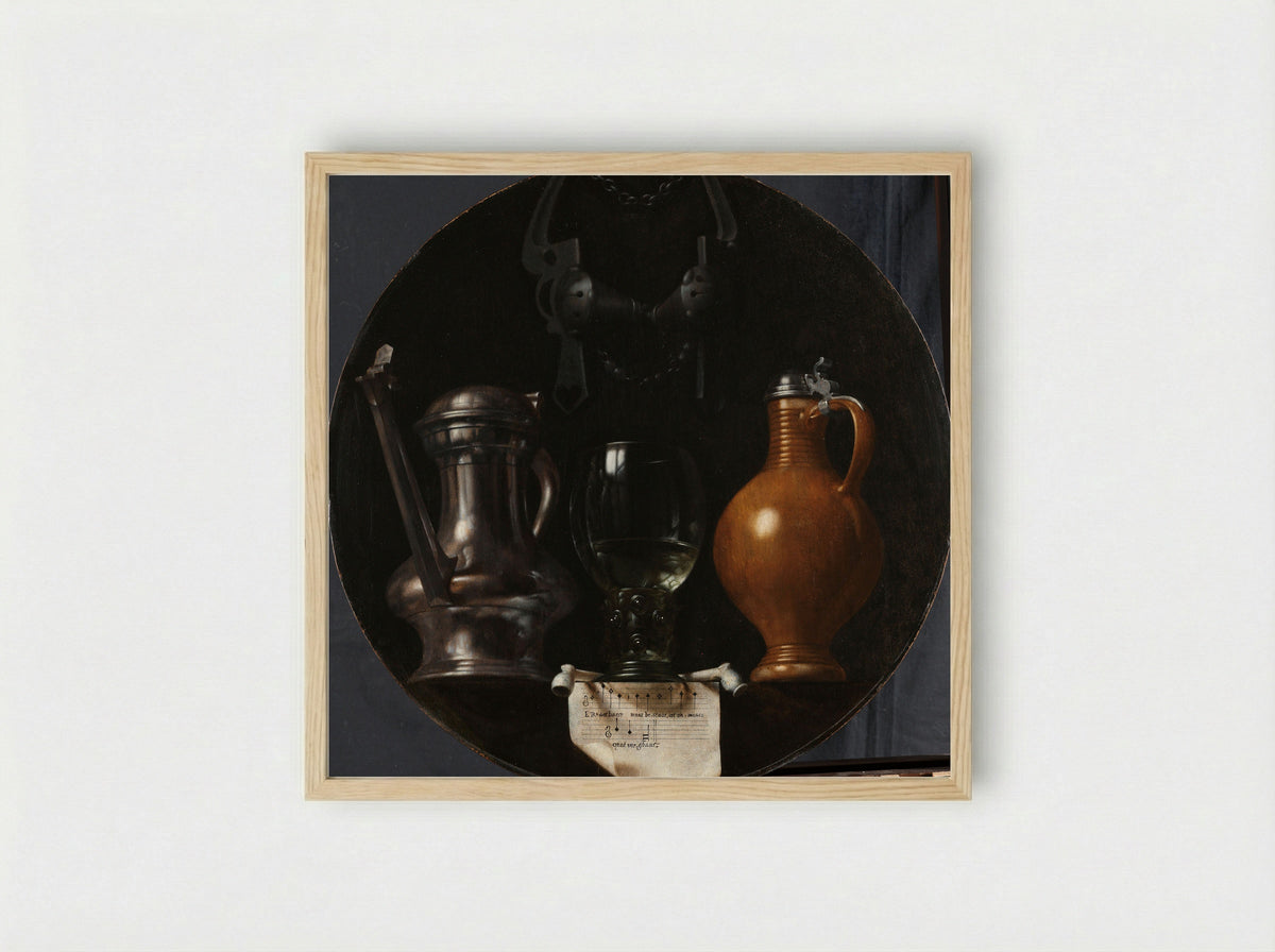 Emblematic Still Life with Flagon, Glass, Jug and Bridle - Johannes Torrentius - Framed Print Wood