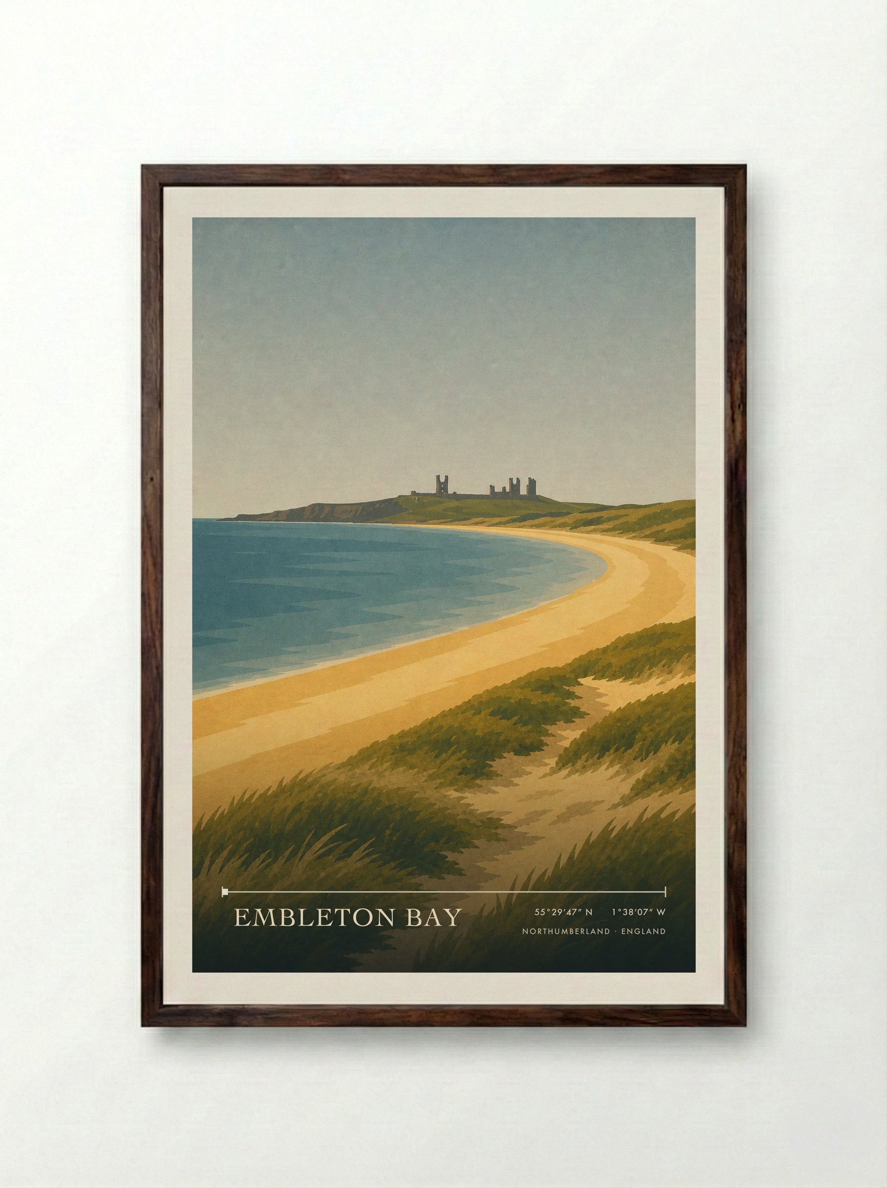 Embleton Bay Northumberland Travel Poster - Framed Print Dark Wood