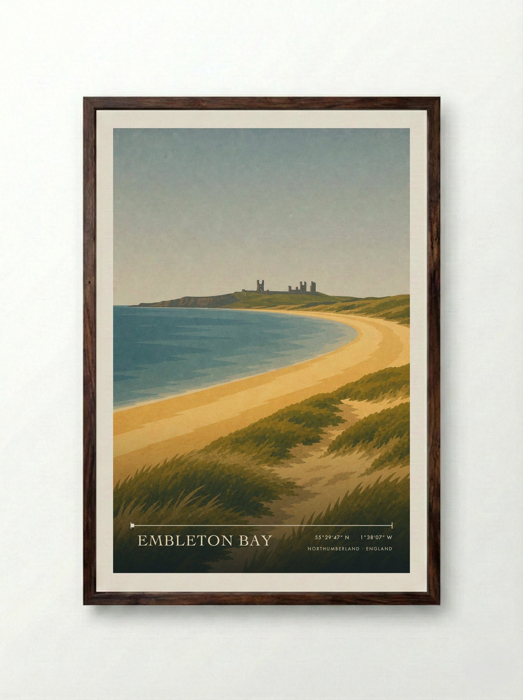 Embleton Bay Northumberland Travel Poster - Framed Print Dark Wood