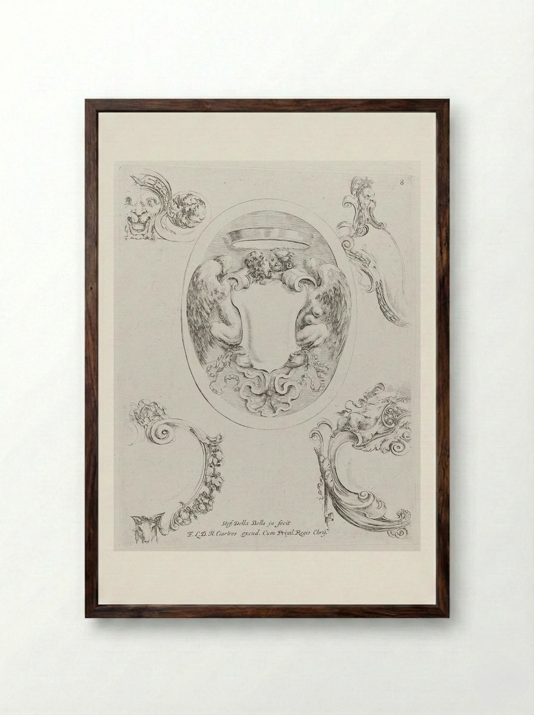 Embracing Male and Female Winged Creatures - Stefano Della Bella - Framed Print Dark Wood