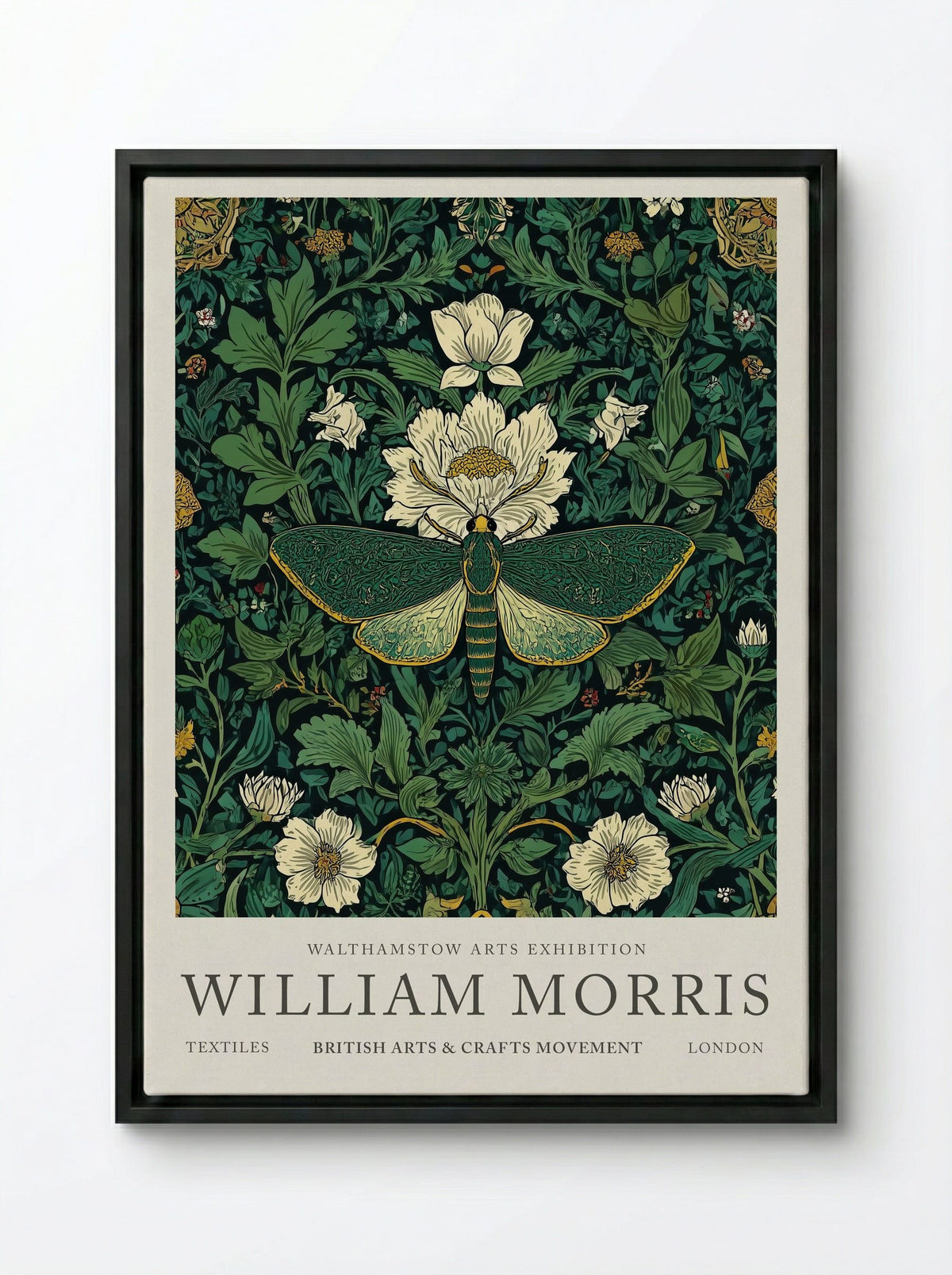 Emerald Moth Garden - William Morris - Framed Canvas Black