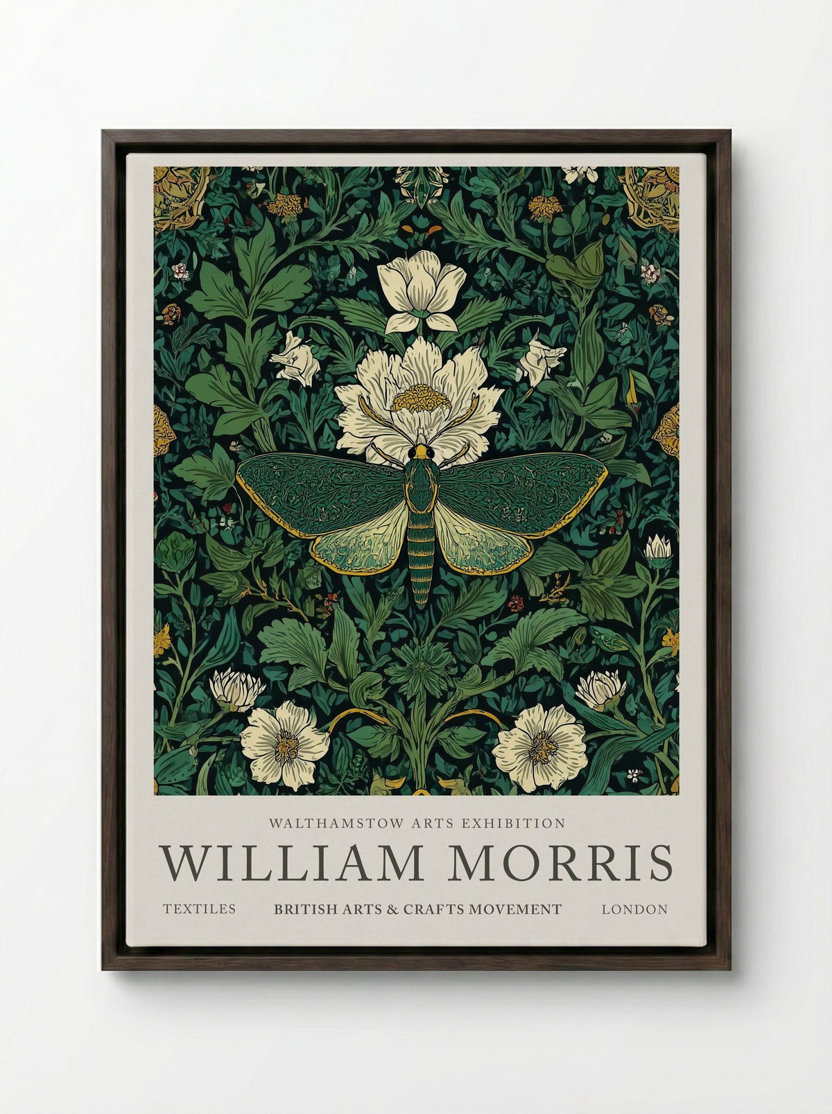Emerald Moth Garden - William Morris - Framed Canvas Dark Wood