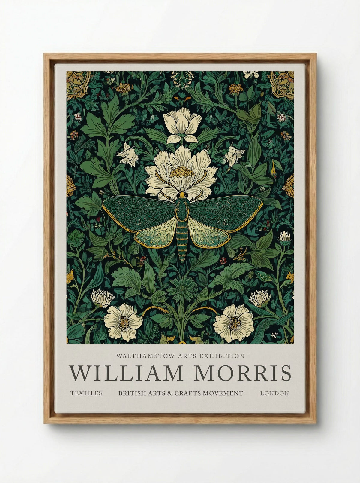 Emerald Moth Garden - William Morris - Framed Canvas Wood