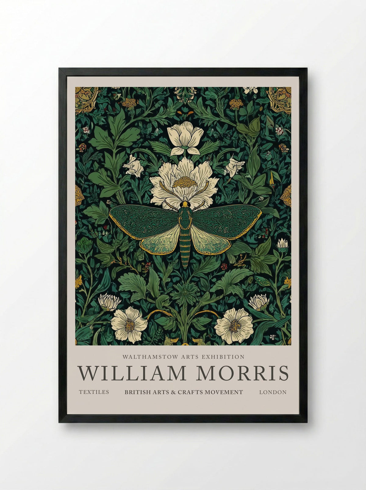 Emerald Moth Garden - William Morris - Framed Print Black