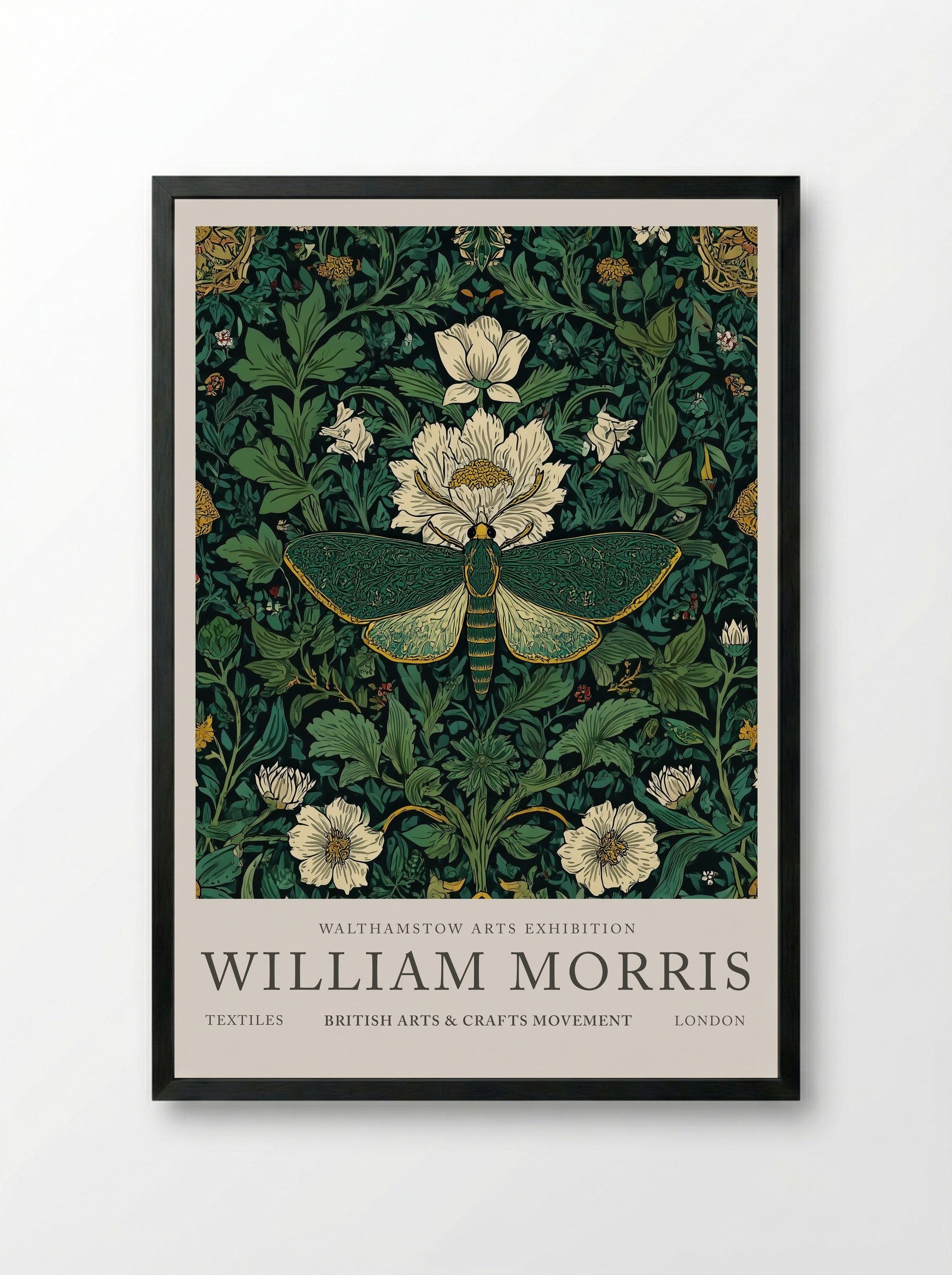 Emerald Moth Garden - William Morris - Framed Print Black
