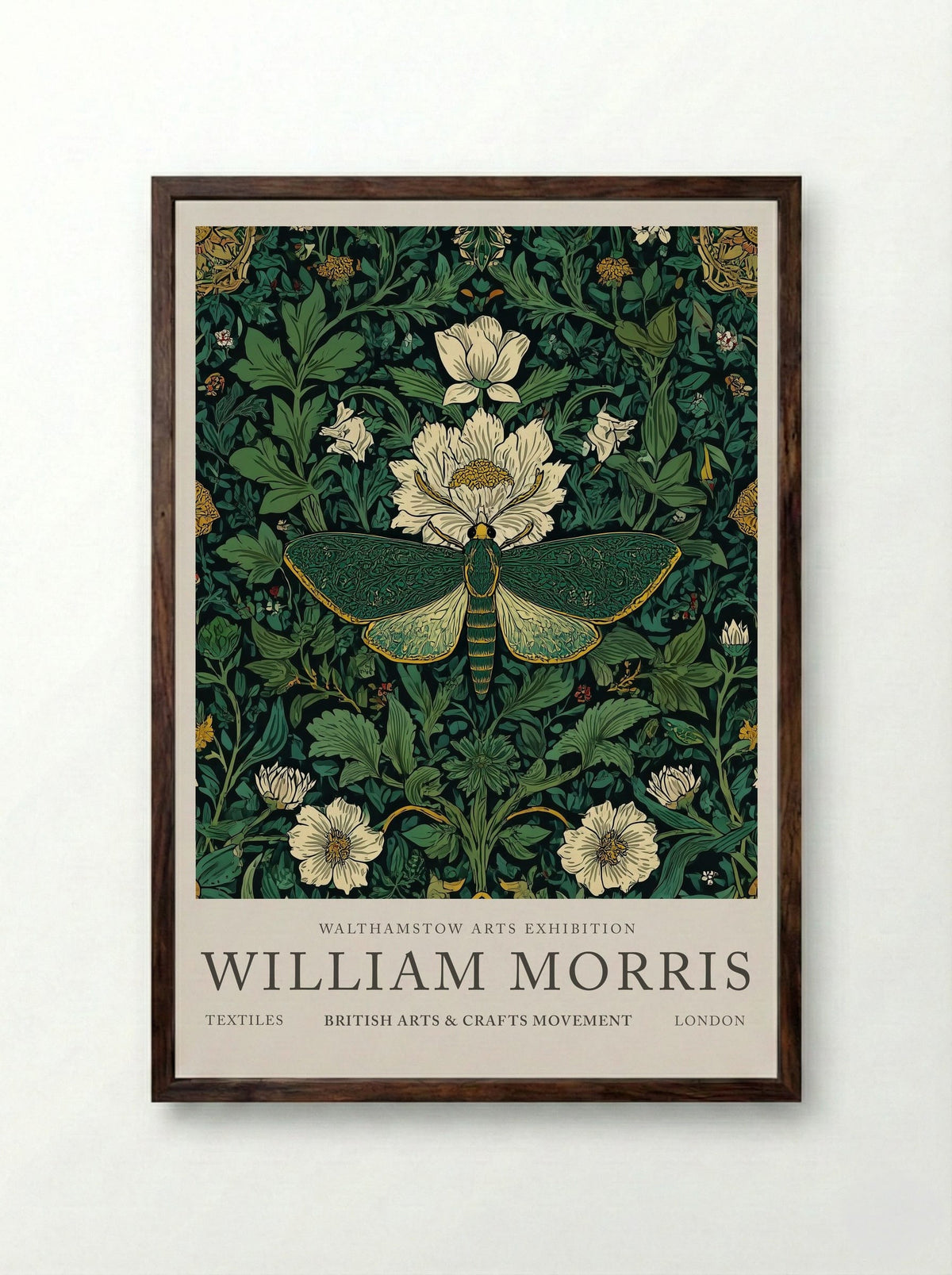 Emerald Moth Garden - William Morris - Framed Print Dark Wood