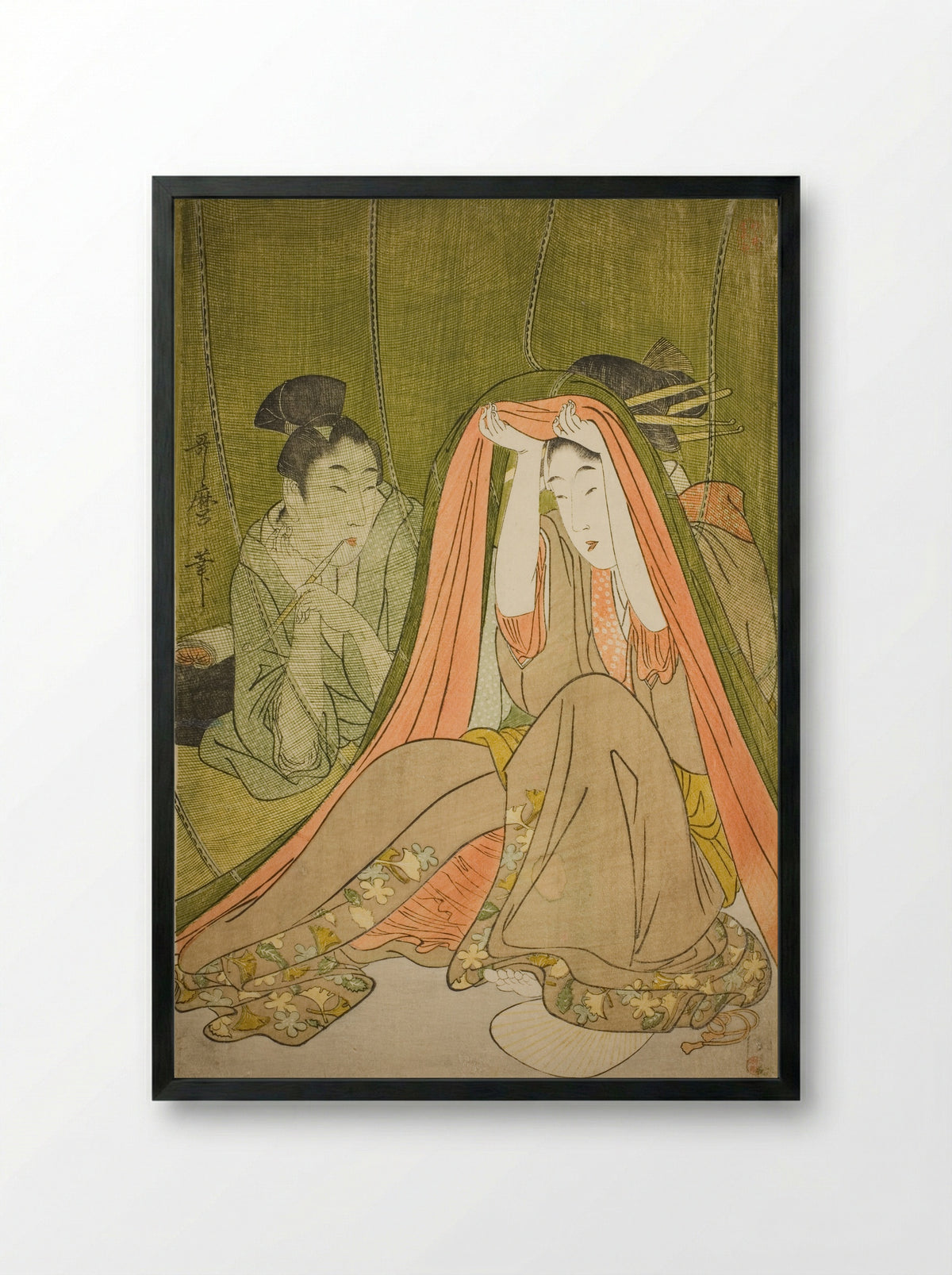 Emerging from a Mosquito Net - Kitagawa Utamaro - Framed Print Black