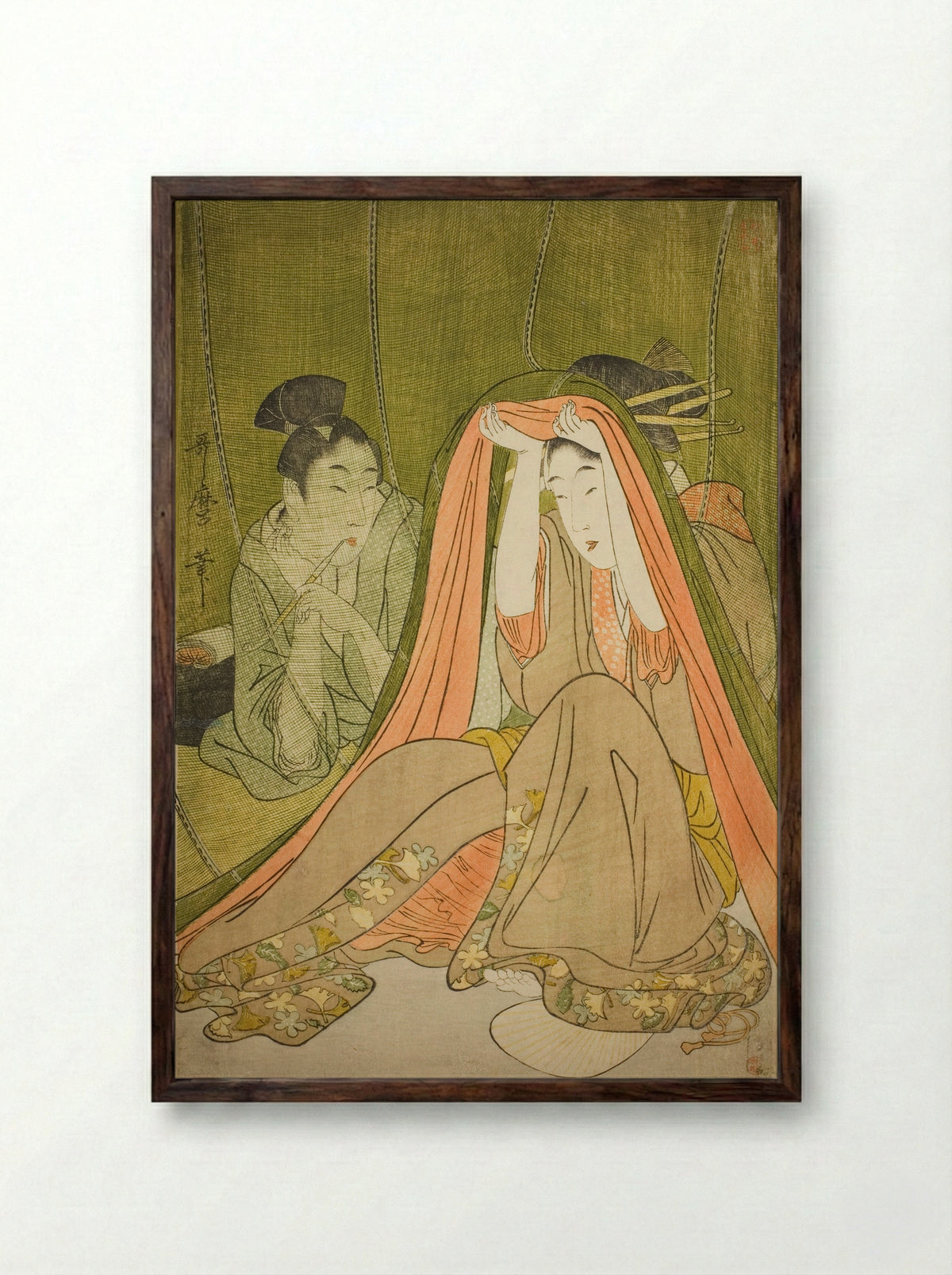 Emerging from a Mosquito Net - Kitagawa Utamaro - Framed Print Dark Wood
