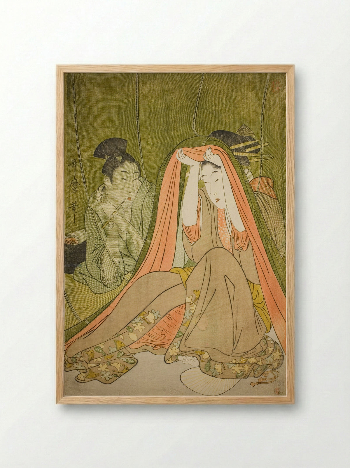 Emerging from a Mosquito Net - Kitagawa Utamaro - Framed Print Wood