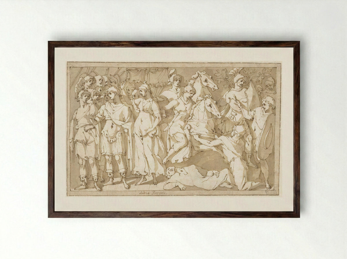 Emperor Trajan between Roma and Victoria - Andrea Boscoli - Framed Print Dark Wood