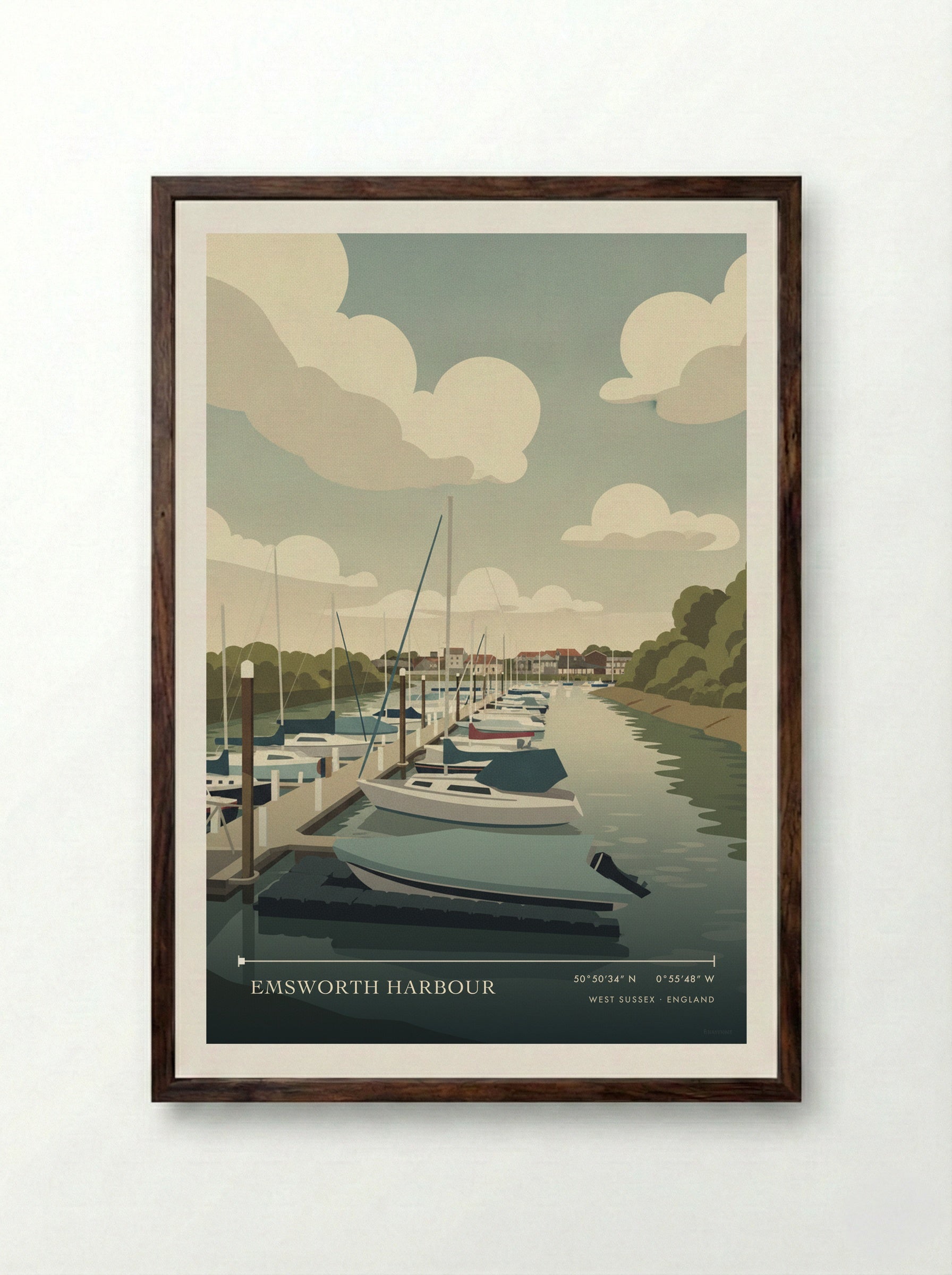 Emsworth Harbour West Sussex England Travel Poster - Framed Print Dark Wood