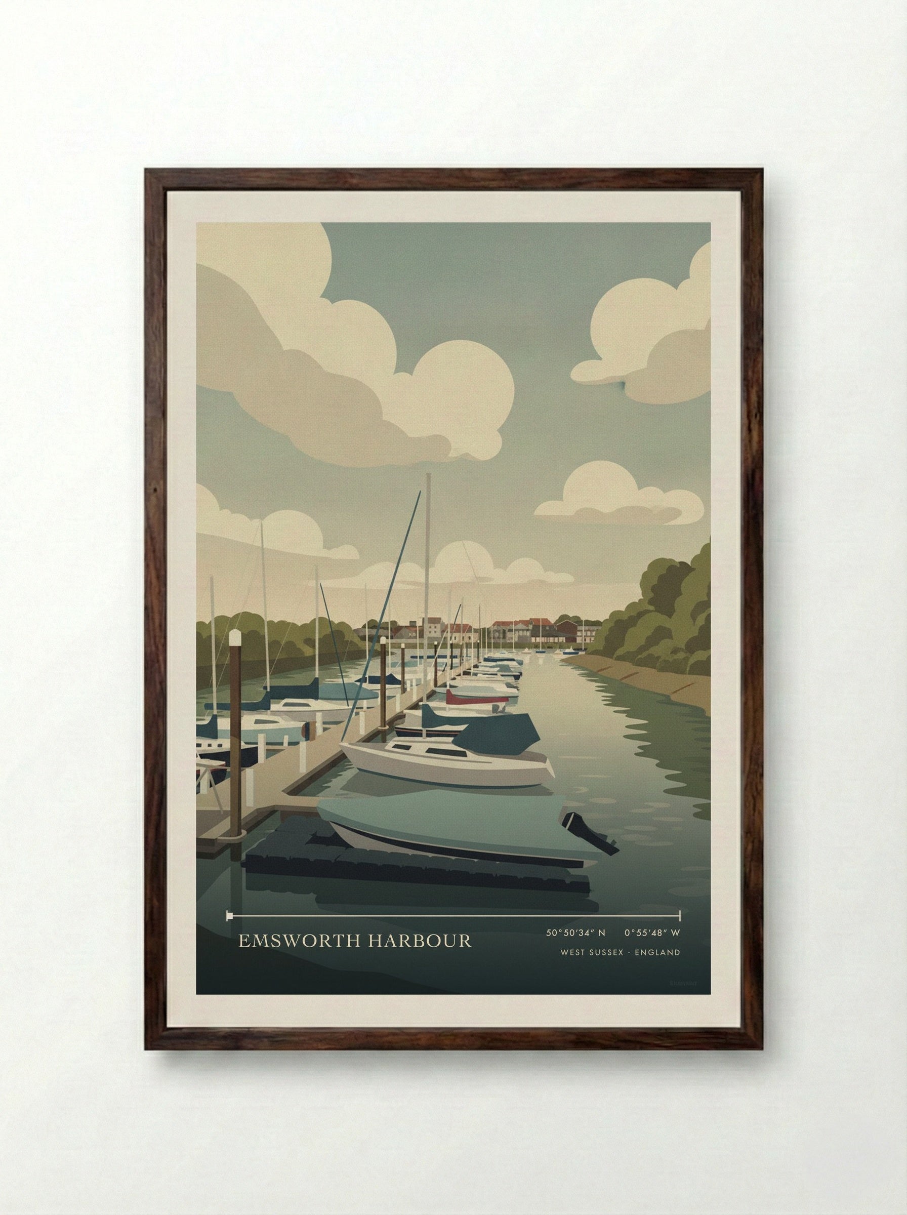 Emsworth Harbour West Sussex England Travel Poster - Framed Print Dark Wood