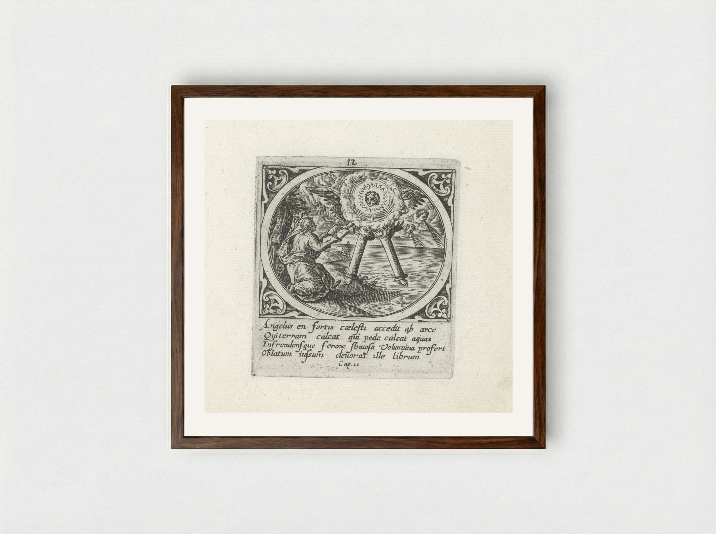 Engel met gezicht als de zon en benen als zuilen van vuur - Gerard de Jode - Framed Print Dark Wood