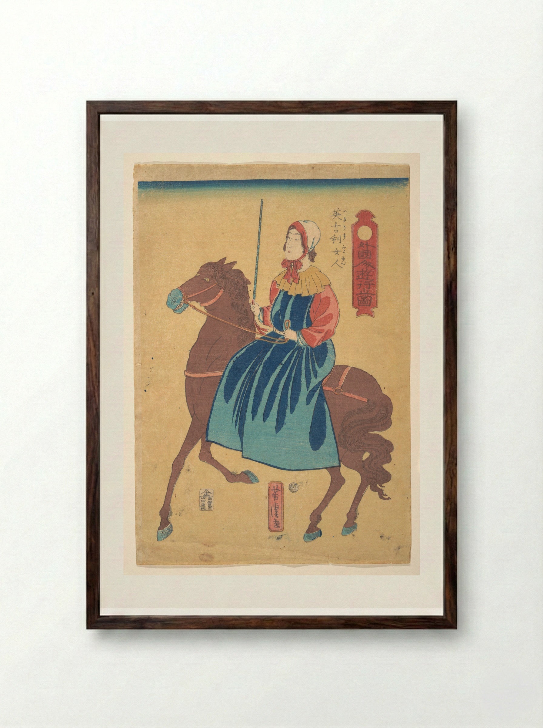 Englishwoman on Horseback - Utagawa Yoshitora - Framed Print Dark Wood