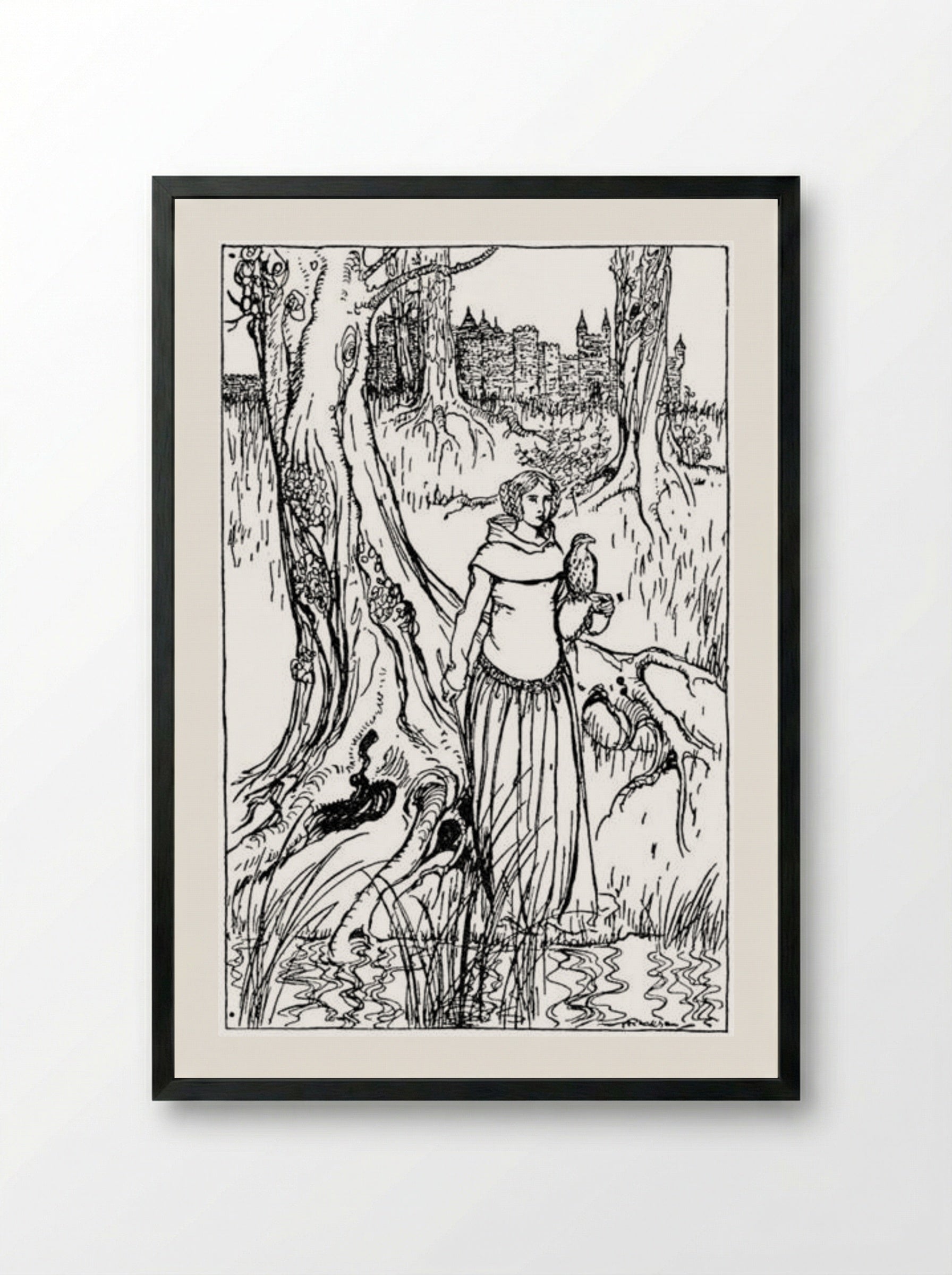 Enide with the golden hawk - Arthur Rackham - Framed Print Black