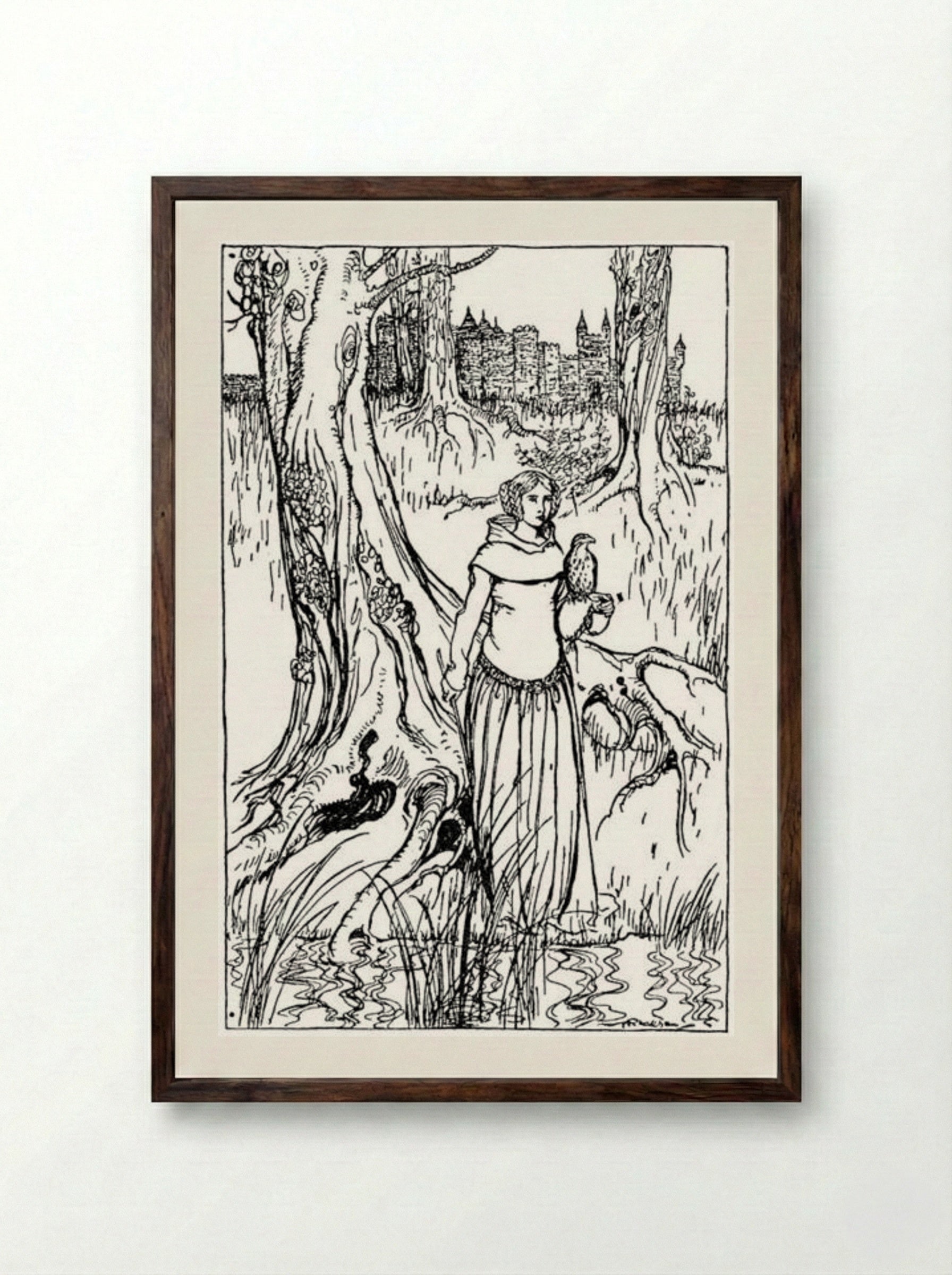 Enide with the golden hawk - Arthur Rackham - Framed Print Dark Wood