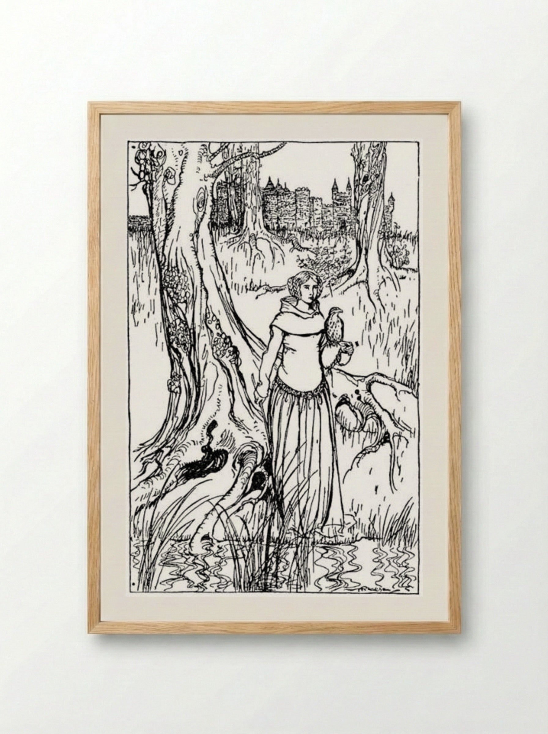 Enide with the golden hawk - Arthur Rackham - Framed Print Wood