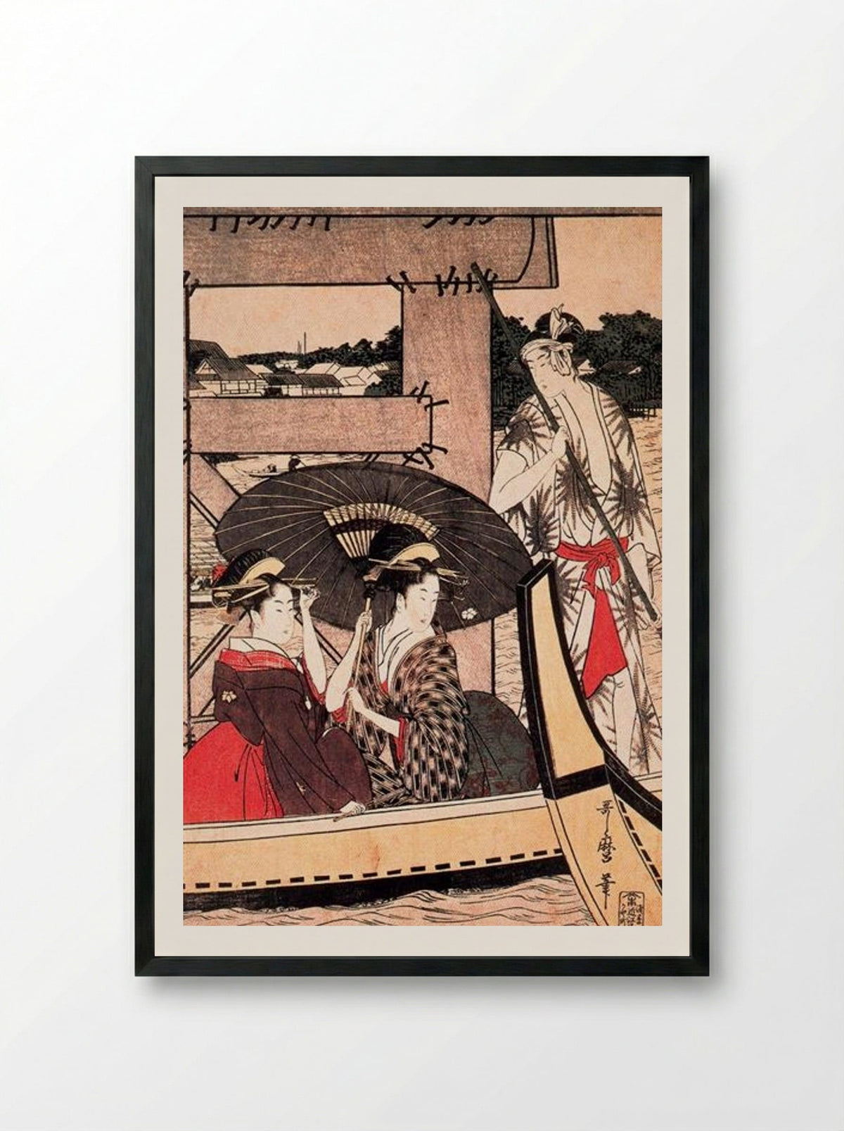 Enjoying the Cool Evening Breeze on and under the Bridge - Kitagawa Utamaro - Framed Print Black