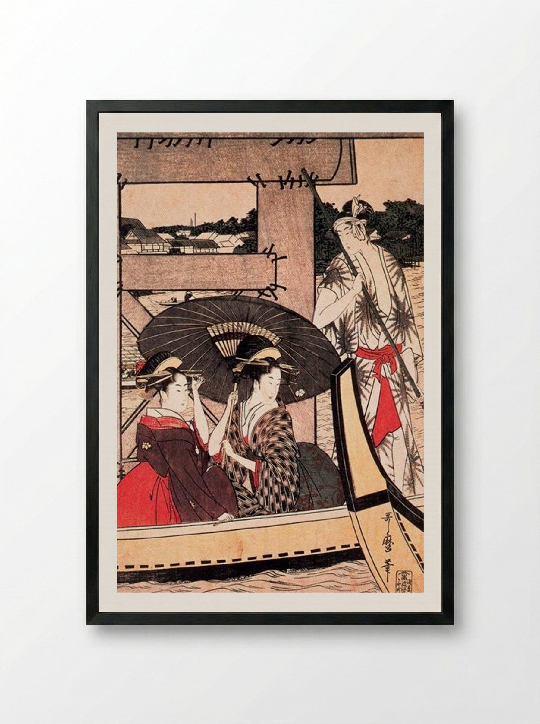 Enjoying the Cool Evening Breeze on and under the Bridge - Kitagawa Utamaro - Framed Print Black