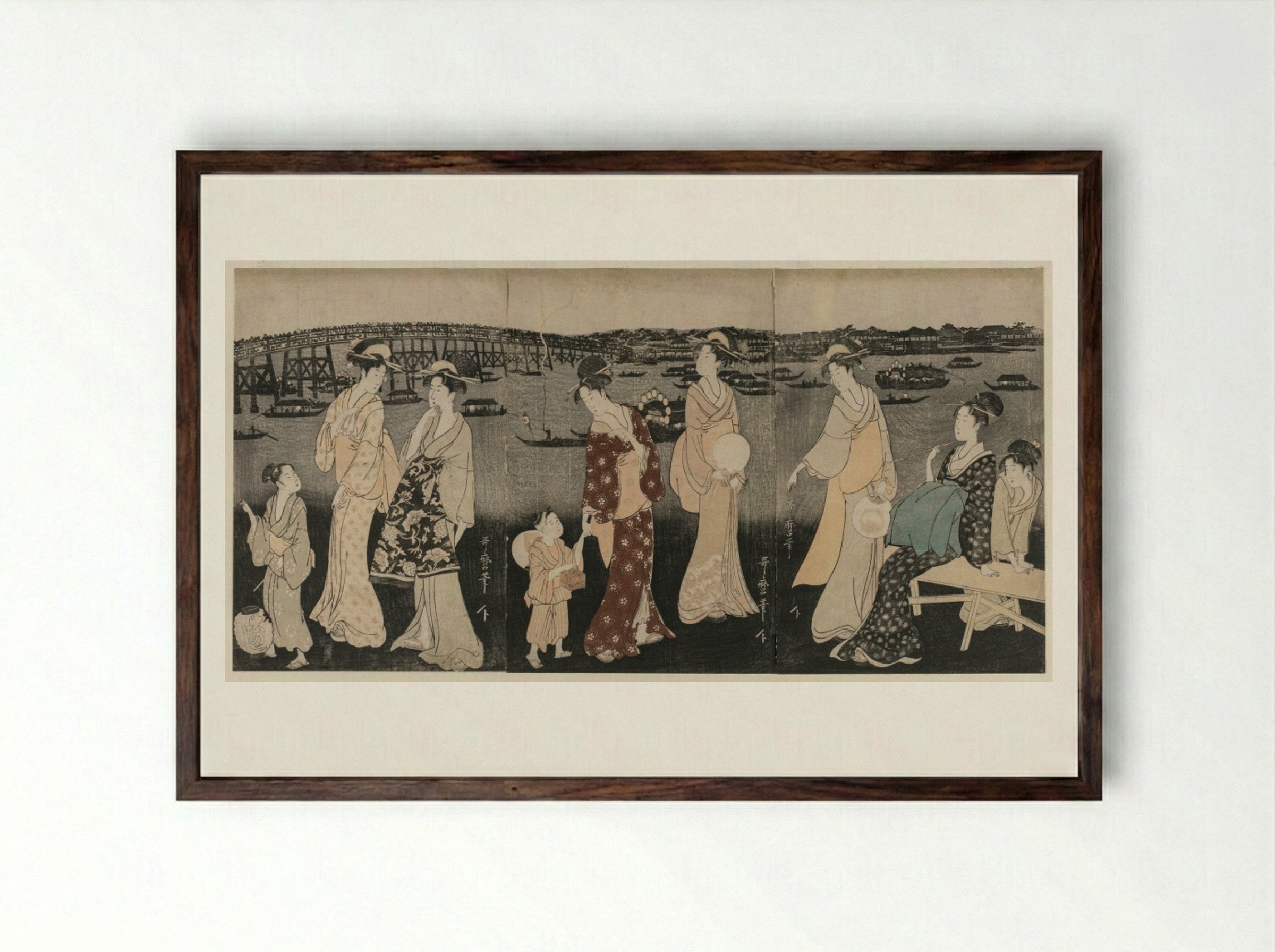 Enjoying the Evening Cool Along the Sumida River - Kitagawa Utamaro - Framed Print Dark Wood