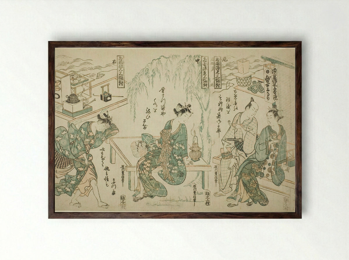 Enjoying the Evening Cool at Ryogoku - Ishikawa Toyonobu - Framed Print Dark Wood
