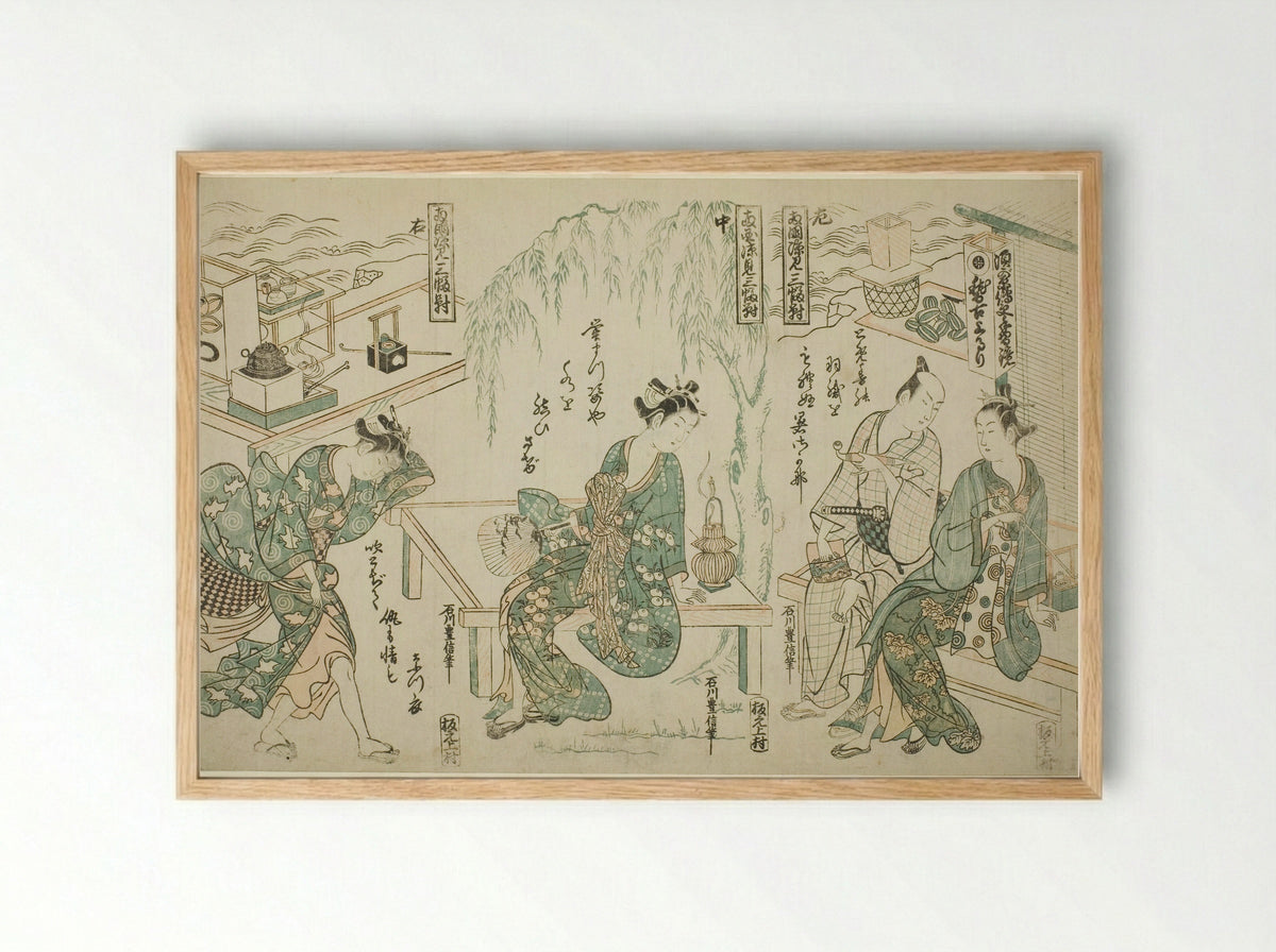 Enjoying the Evening Cool at Ryogoku - Ishikawa Toyonobu - Framed Print Wood
