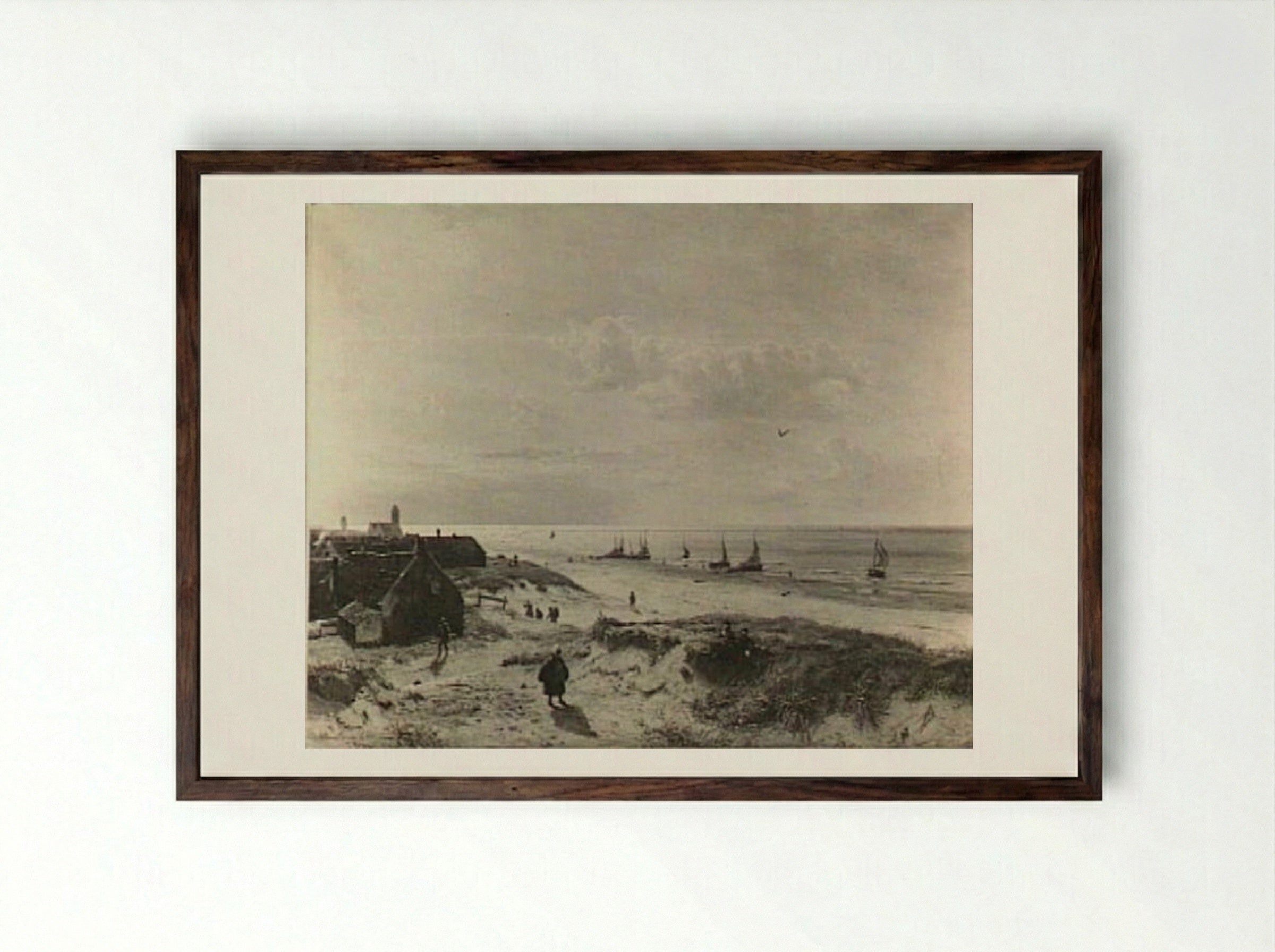 Enkele figuren op de duin voor de vuurtoren te Katwijk - Willem Anthonie van Deventer - Framed Print Dark Wood