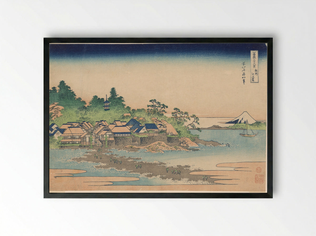 Enoshima Island in Sagami Province - Katsushika Hokusai - Framed Print Black