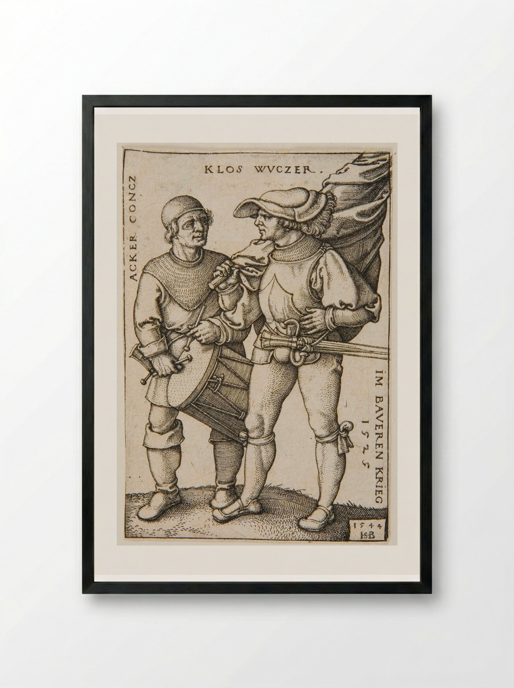 Ensign and Drummer - Sebald Beham - Framed Print Black