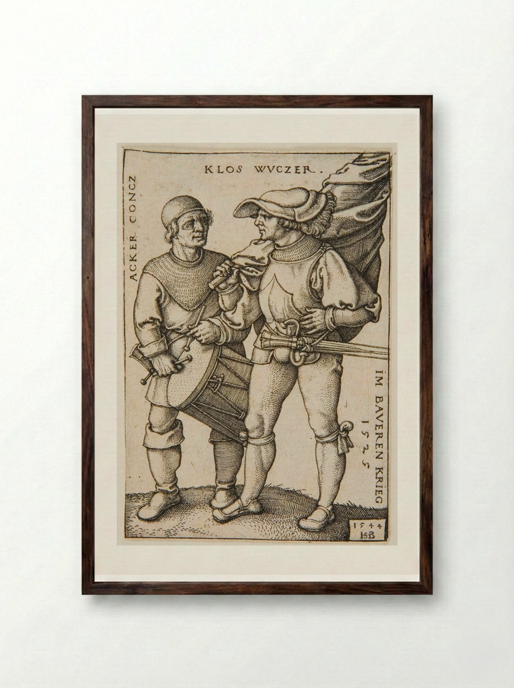 Ensign and Drummer - Sebald Beham - Framed Print Dark Wood