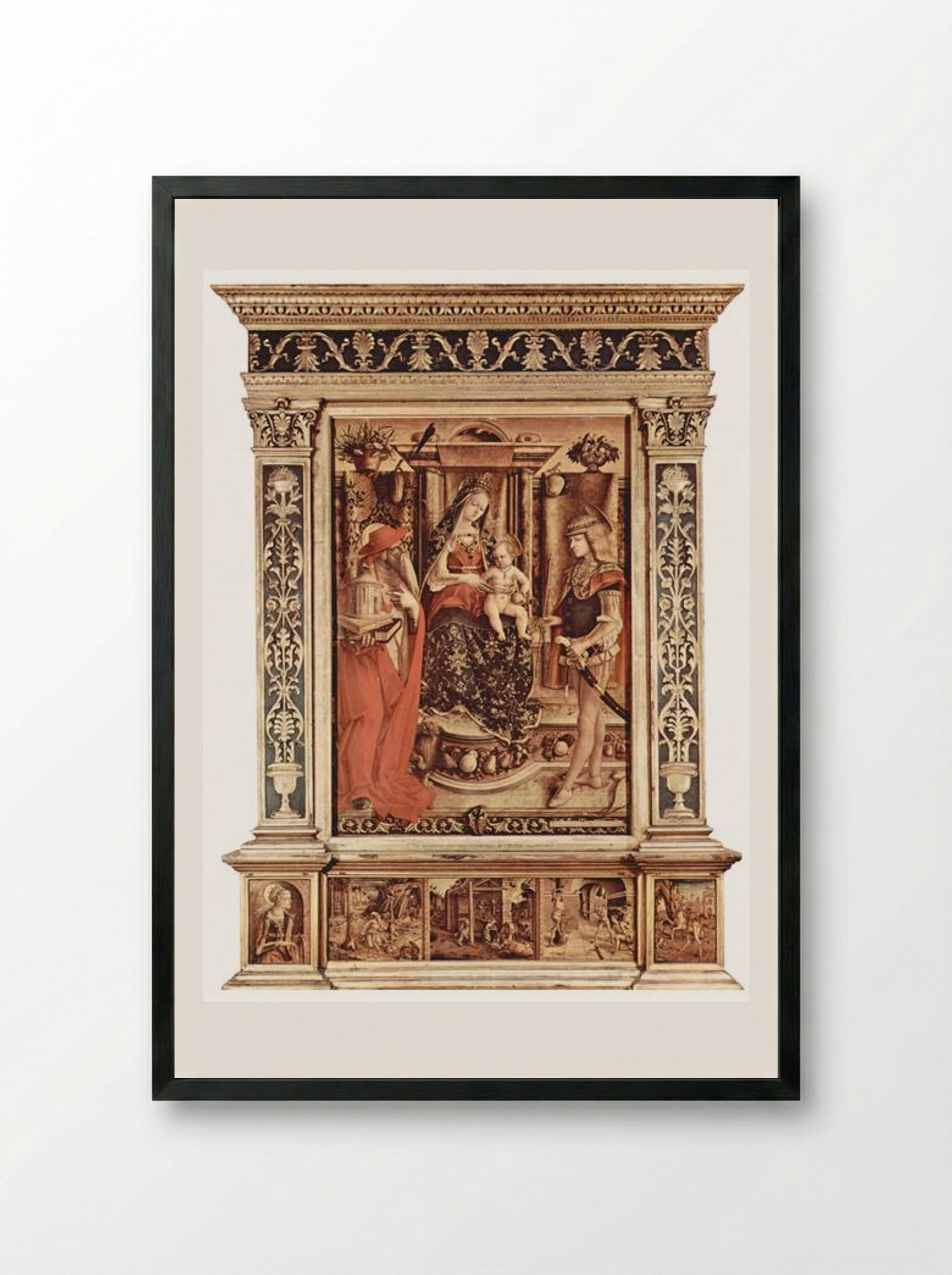 Enthroned Madonna, St. Jerome and St. Sebastian - Carlo Crivelli - Framed Print Black