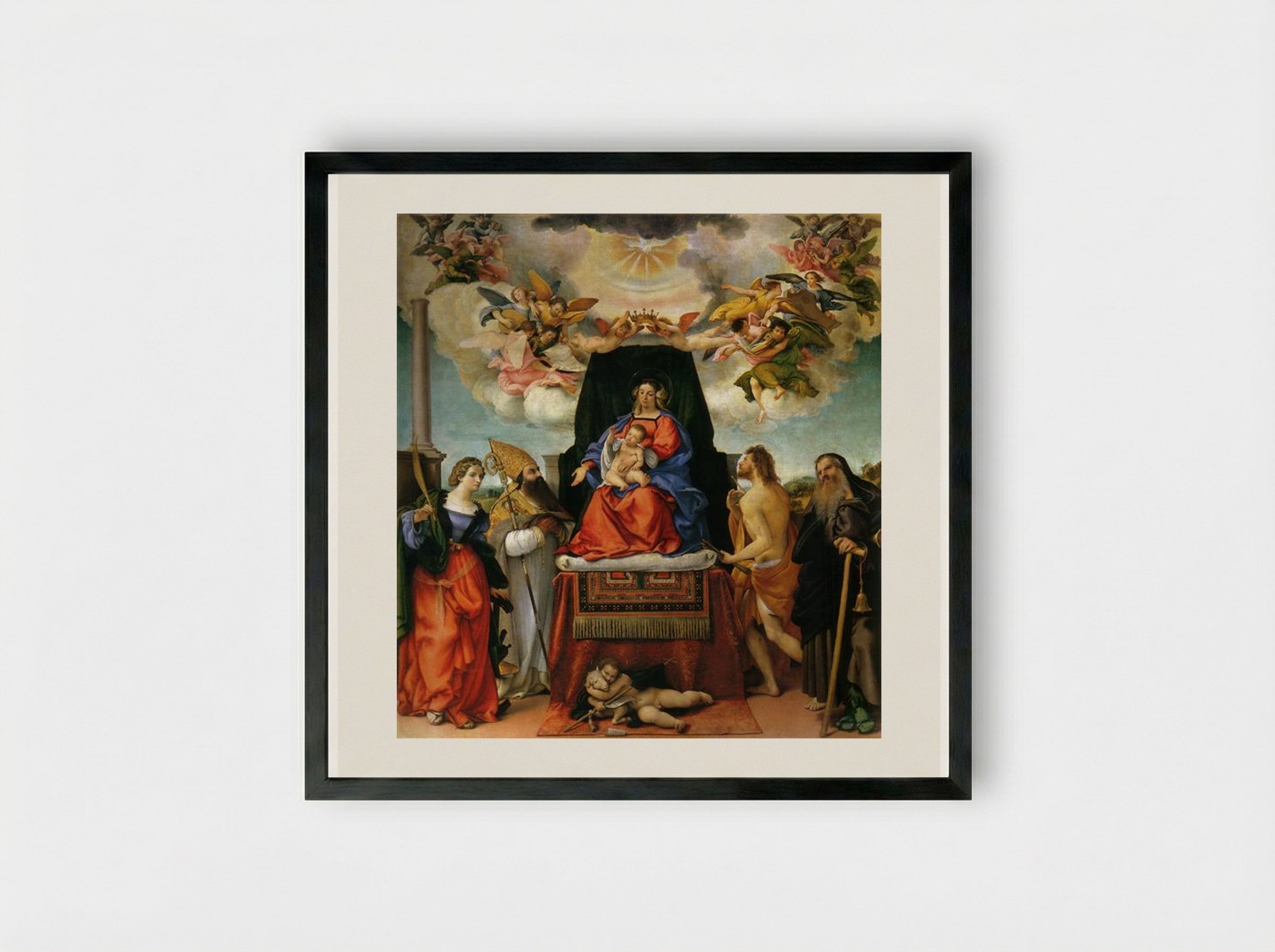 Enthroned Madonna with Angels and Saints - Lorenzo Lotto - Framed Print Black