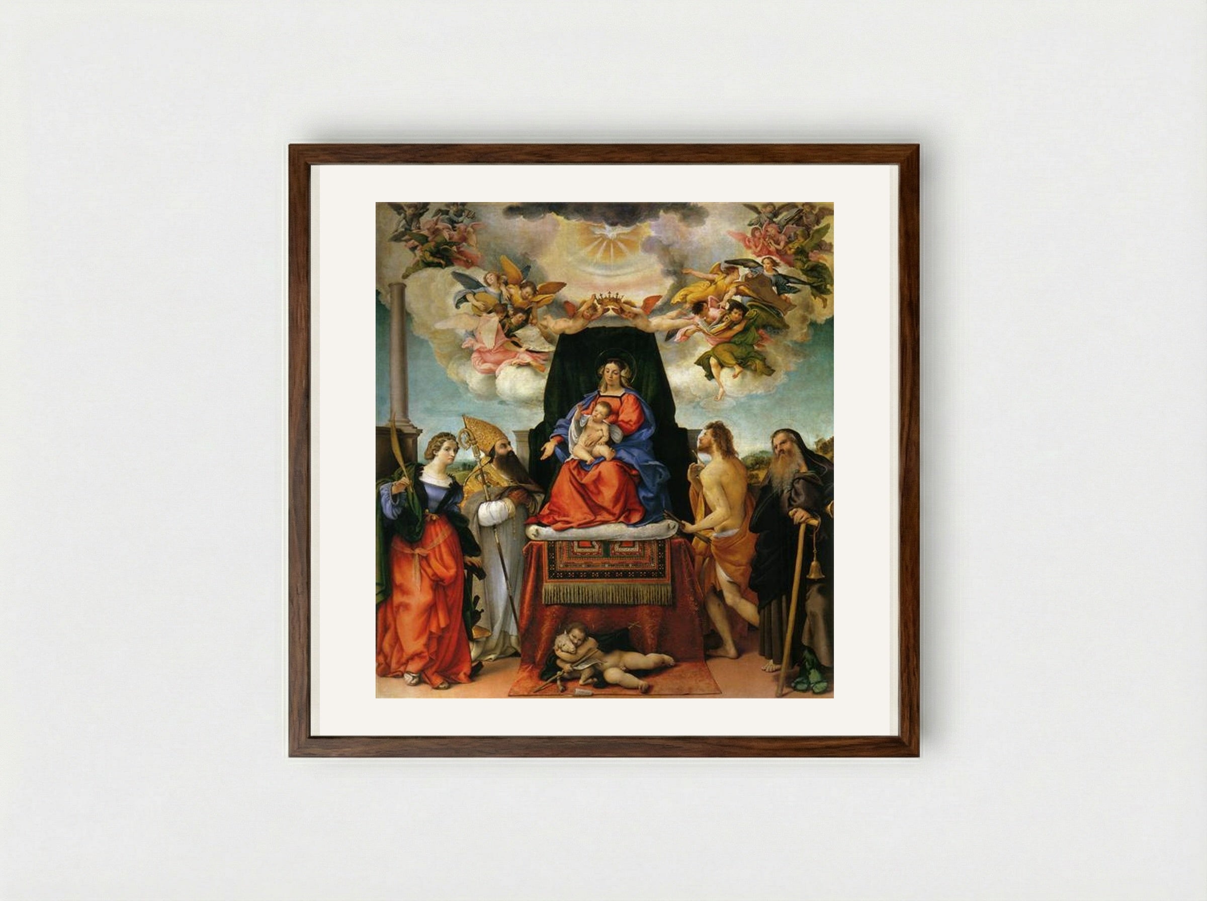 Enthroned Madonna with Angels and Saints - Lorenzo Lotto - Framed Print Dark Wood